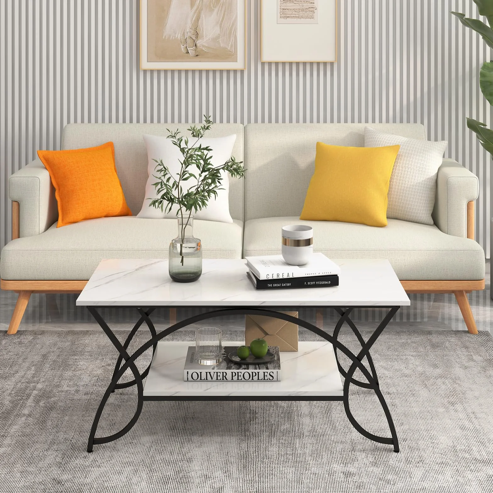 GIANTEX Stolik kawowy marmurowy czarny 100 x 50 x 45 cm metalowe nogi 2 półki