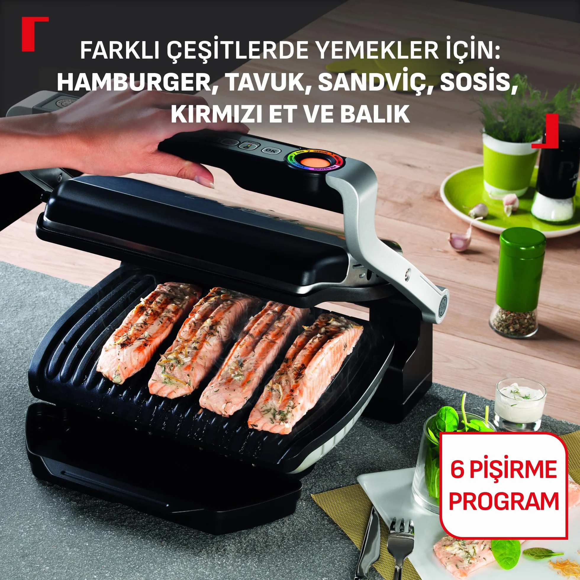 TEFAL OptiGrill+ GC712D Grill elektryczny, 2000W, 6 automatycznych programów, Wskaźnik poziomu wysmażenia Automatic Sensor Cooking, nieprzywierająca powłoka, Możliwość mycia w zmywarce, Srebrny
