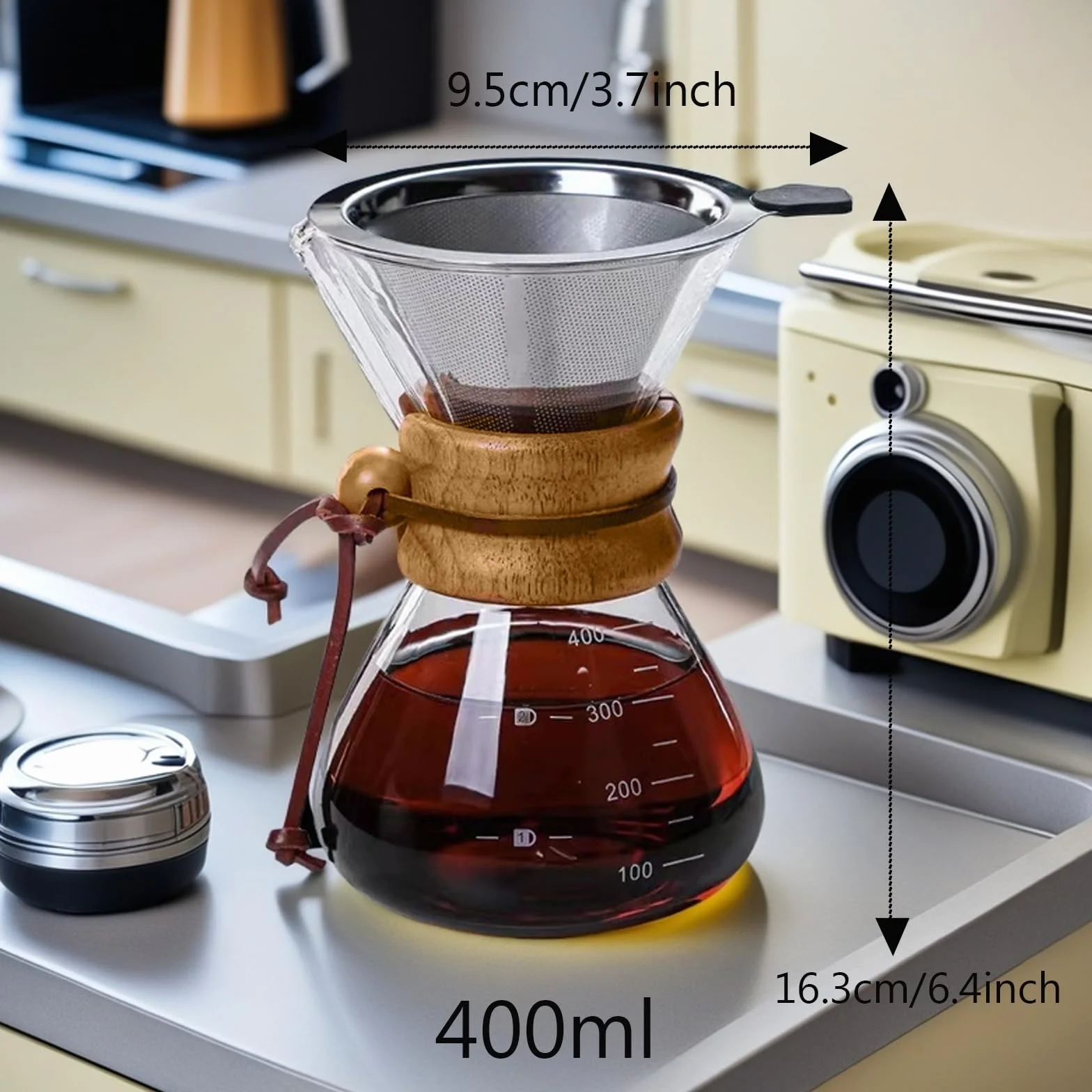 Ekspres do kawy Pour Over Coffee Maker Dripper Manual, Over Ekspres do kawy z filtrem trwałym, nadaje się do mycia w zmywarce, 3 filiżanki, 400 ml