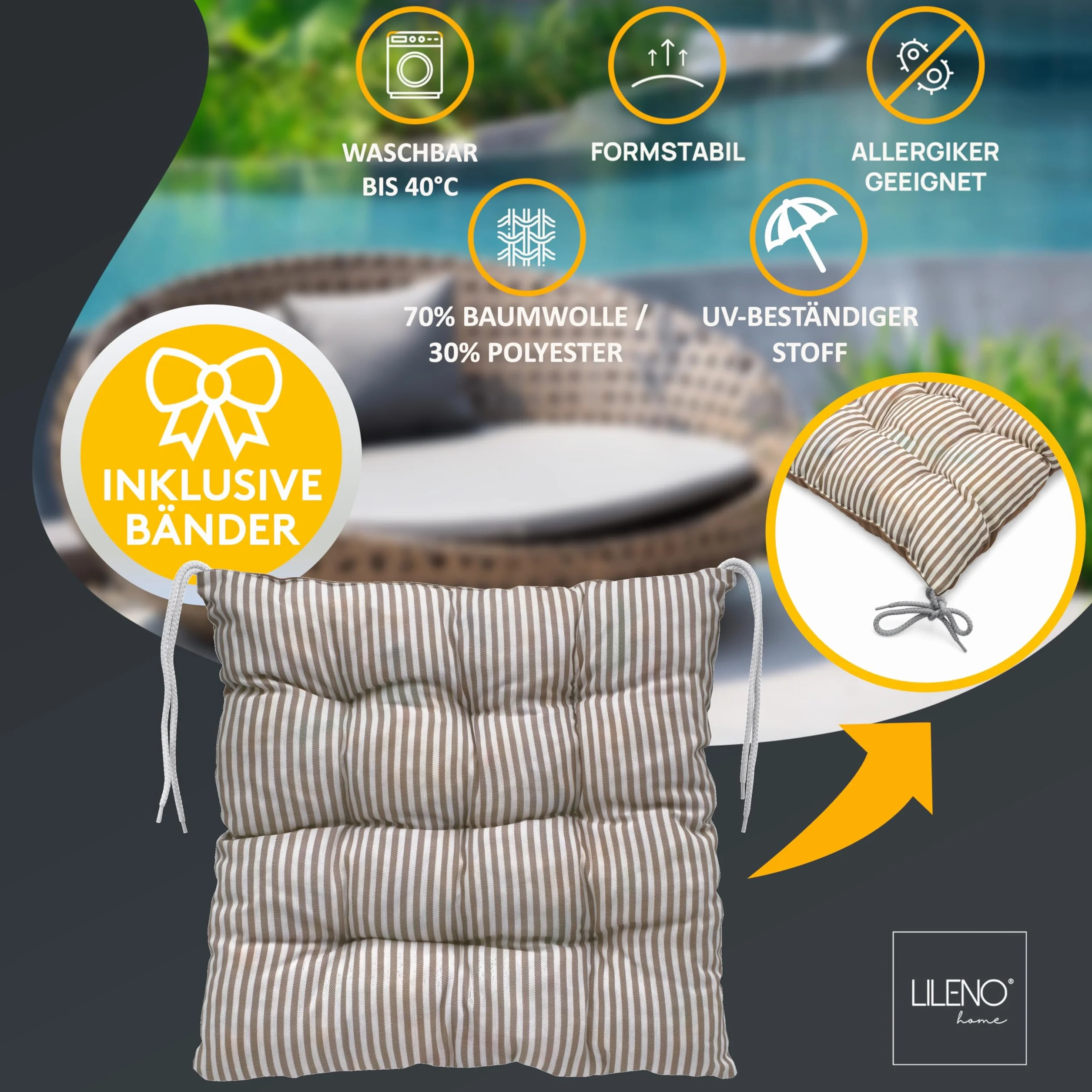 LILENO HOME Zestaw 2 dwustronnych poduszek na krzesło, brązowe (40 x 40 x 6 cm) – poduszki na krzesło ogrodowe, do kuchni lub jadalni – do użytku wewnątrz i na zewnątrz jako poduszka na krzesło (Linda