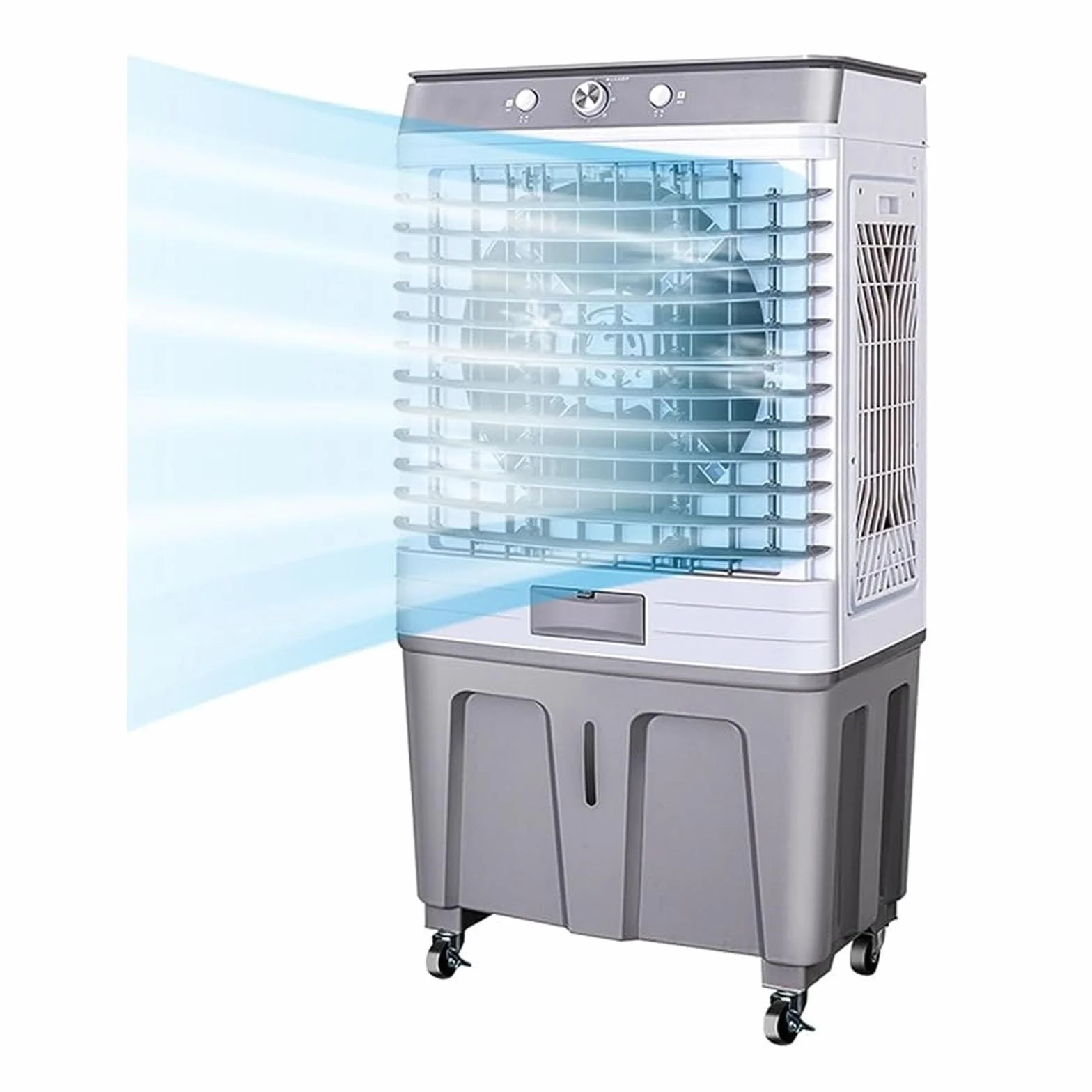 60L Przenośna chłodziarka powietrza parowego, mocny wentylator chłodzący o mocy 500 W z oscylacją 120 ° i 3 prędkościami.Lekka konstrukcja o niskim poziomie hałasu do użytku domowego w pomieszczeniach