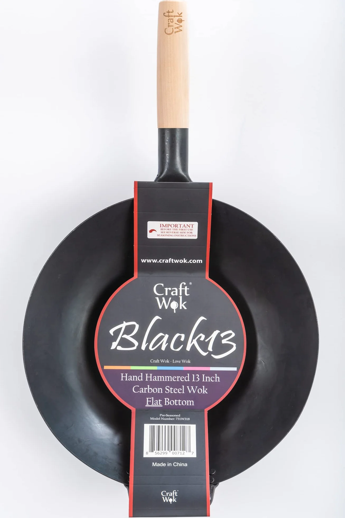 Craft Wok Black13 płaski wstępnie sezonowany wok młotkowany ze stali węglowej z drewnianym i stalowym uchwytem pomocniczym (33 cm, płaskie dno)