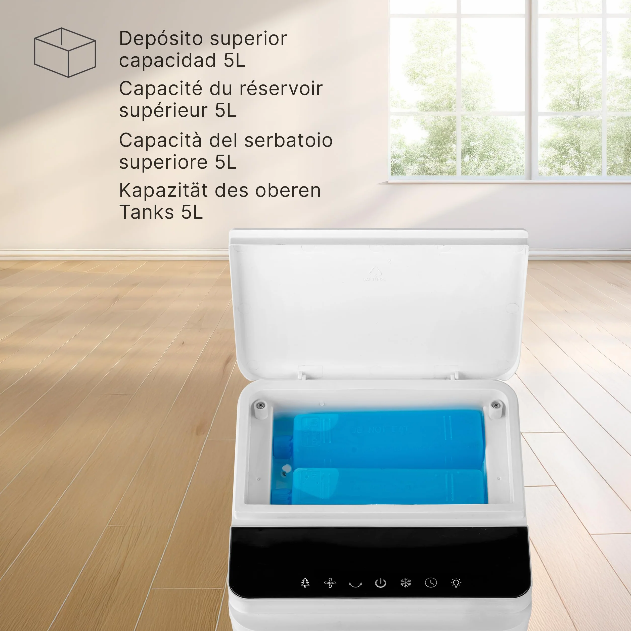 Ufesa Narvik chłodnica parowa 65 W 3 prędkości 3 tryby panel dotykowy zbiornik 5 l timer 12 h filtr pralny 2 akumulatory chłodzące