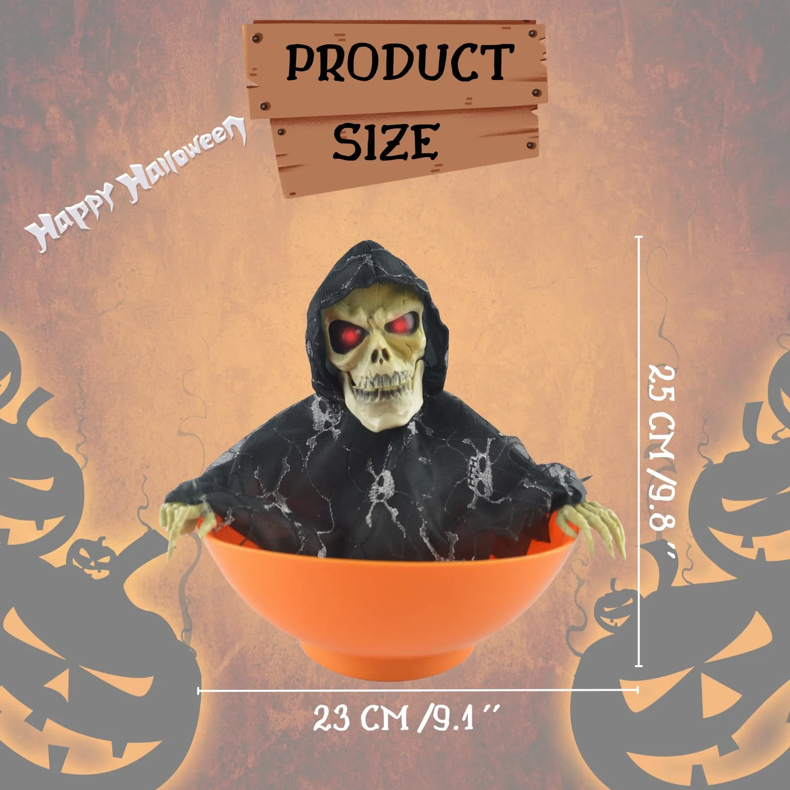 Halloweenowa Miska na Cukierki, Uchwyt na Cukierki na Halloween Animowany Szkielet Elektryczny świecący Duch Czaszka Miska na Cukierki z Czerwonymi Oczami i Przerażającym(Pomarańczowy)