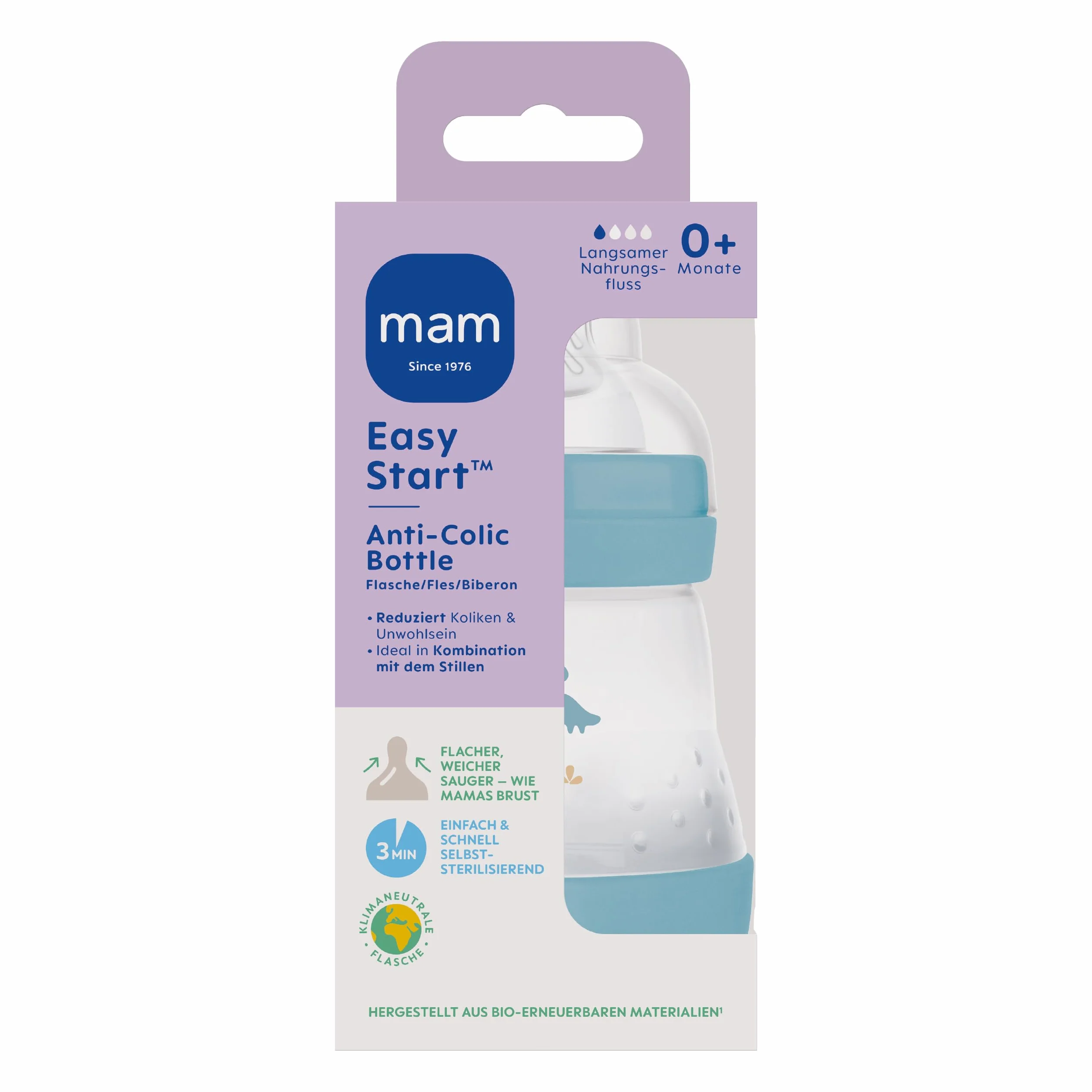 MAM Easy Start Anti-Colic butelka dla niemowląt (160 ml), wyjątkowo dobrze akceptowana butelka na mleko, butelka na napoje dla niemowląt z zaworem dolnym przeciwko kolce i ssaniu, rozmiar 1, 0+