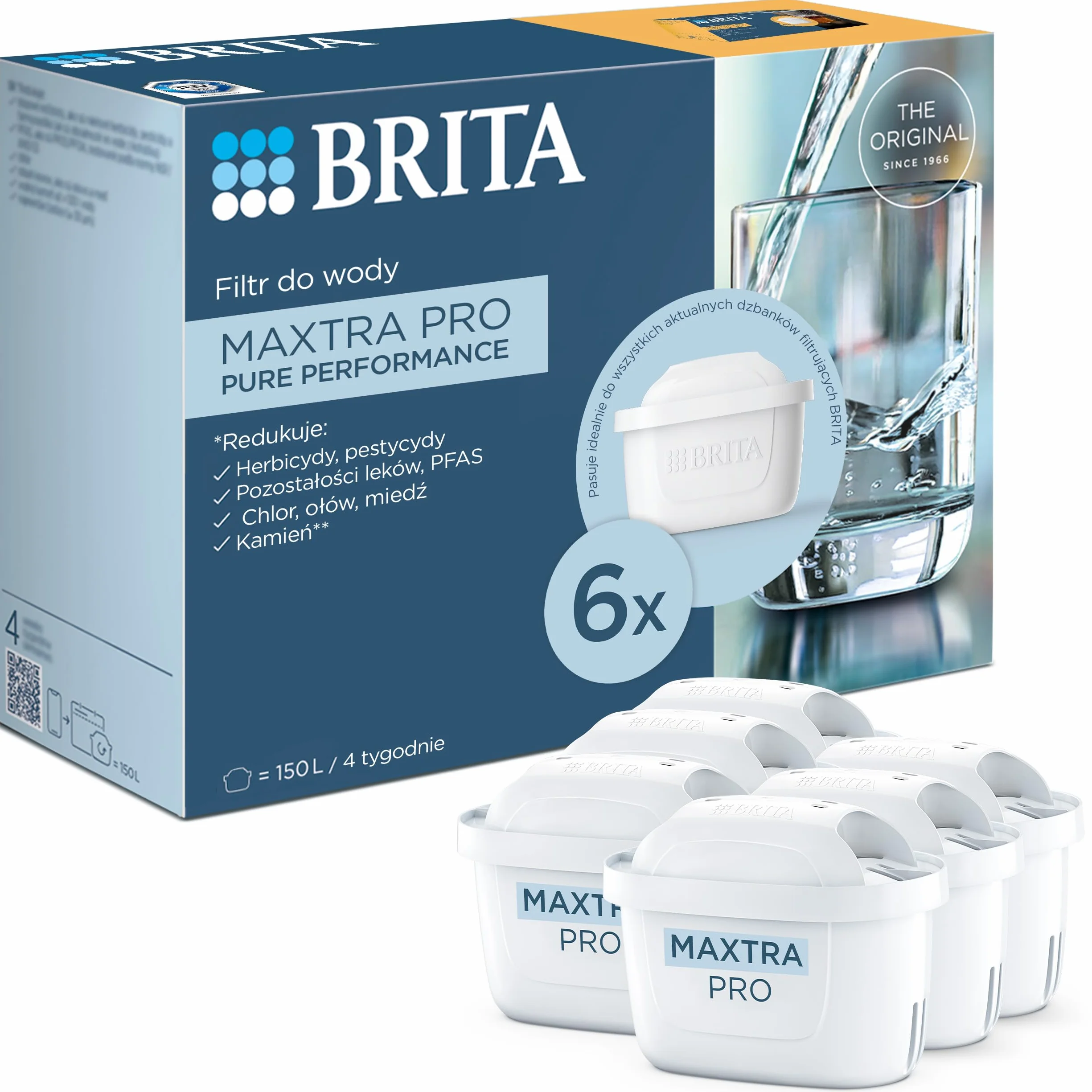 BRITA Wkład filtrujący MAXTRA PRO Pure Performance do wody – opakowanie 6 szt. – oryginalny wkład BRITA poprawiający smak wody kranowej, redukujący zanieczyszczenia, chlor, PFAS, pestycydy i kamień