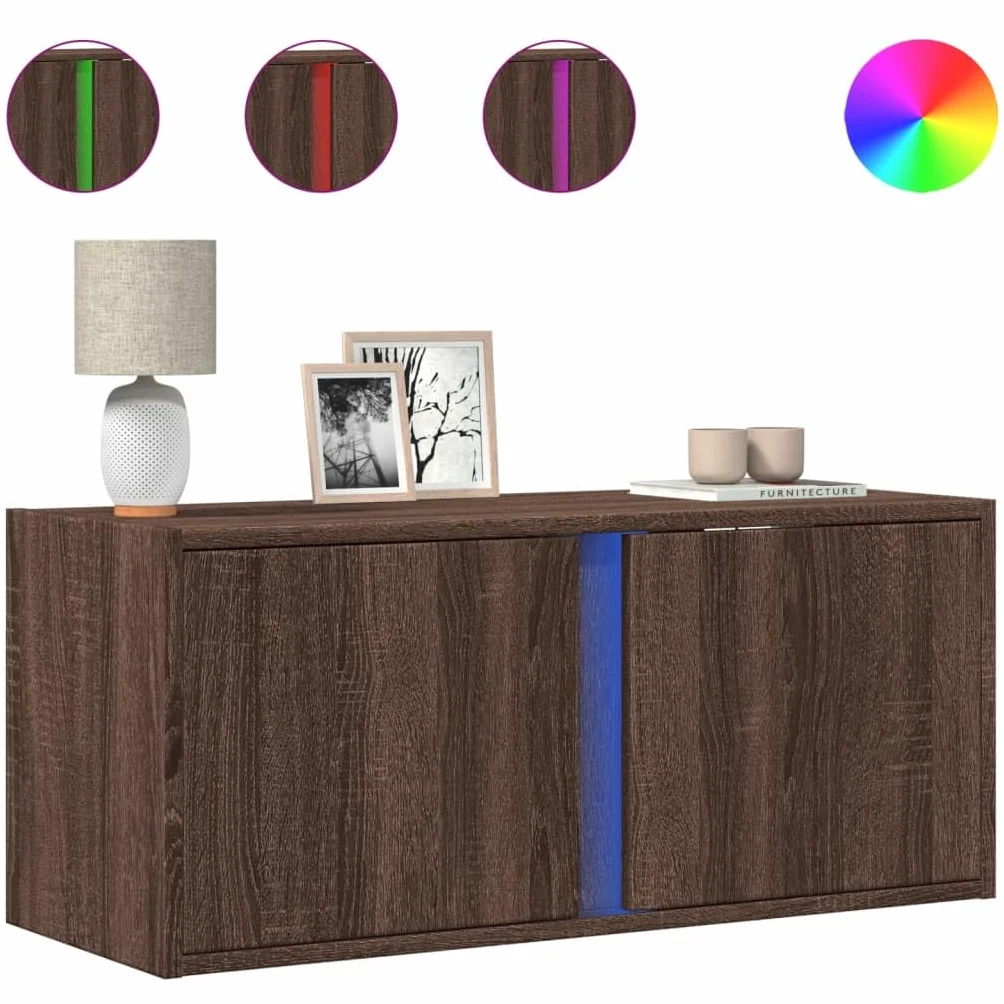 Szafka ścienna z oświetleniem LED, imitacja dębu, 80 x 31 x 35 cm, do salonu, sypialni, schowka, nowoczesna, media