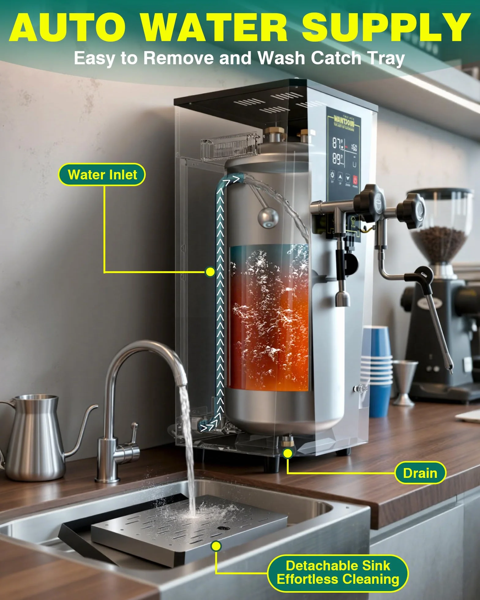WantJoin - Komercyjny spieniacz do mleka 2000 W i podgrzewacz do napojów, profesjonalny ekspres do mleka z wyświetlaczem LED do mleka, cappuccino, kawy, gorącej czekolady i herbaty