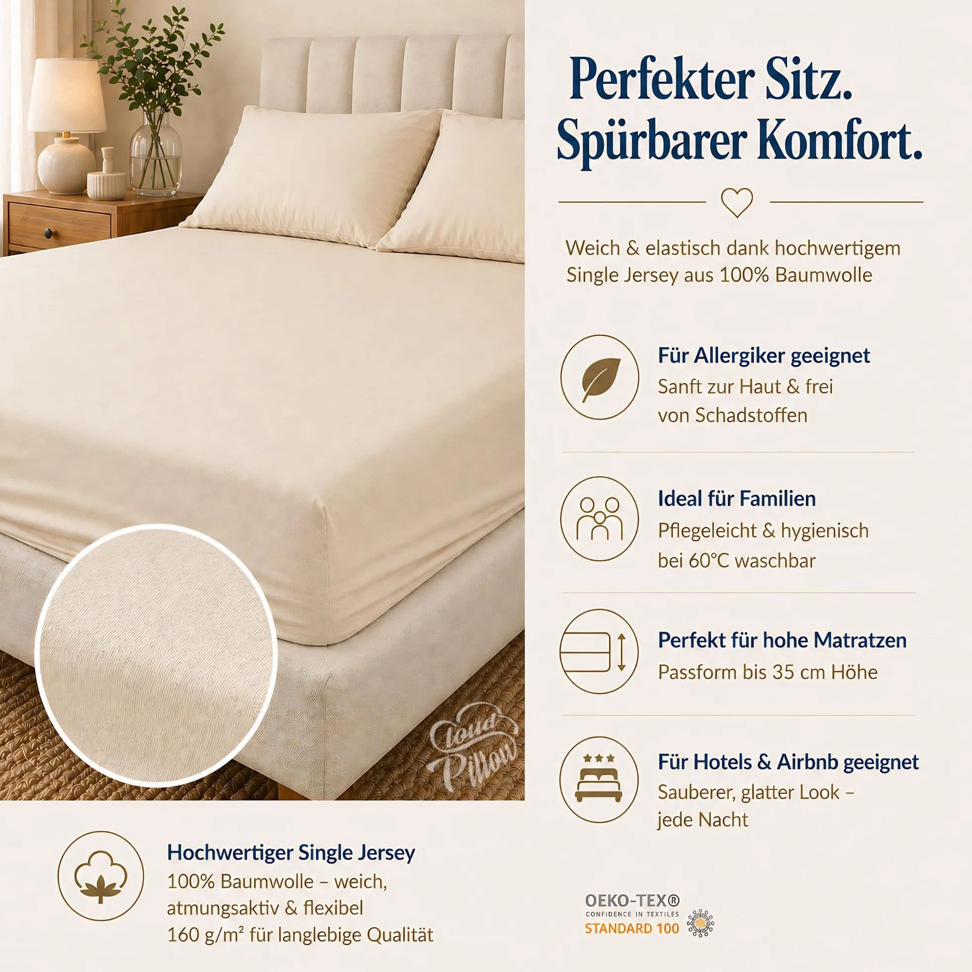 Cloud Pillow Prześcieradło z gumką 160x200cm – idealne na wysokie materace | 100% bawełna, elastyczna gumka wokół, komfort na co dzień, na materace do 35 cm, 160 g/m², OEKO-TEX Standard 100
