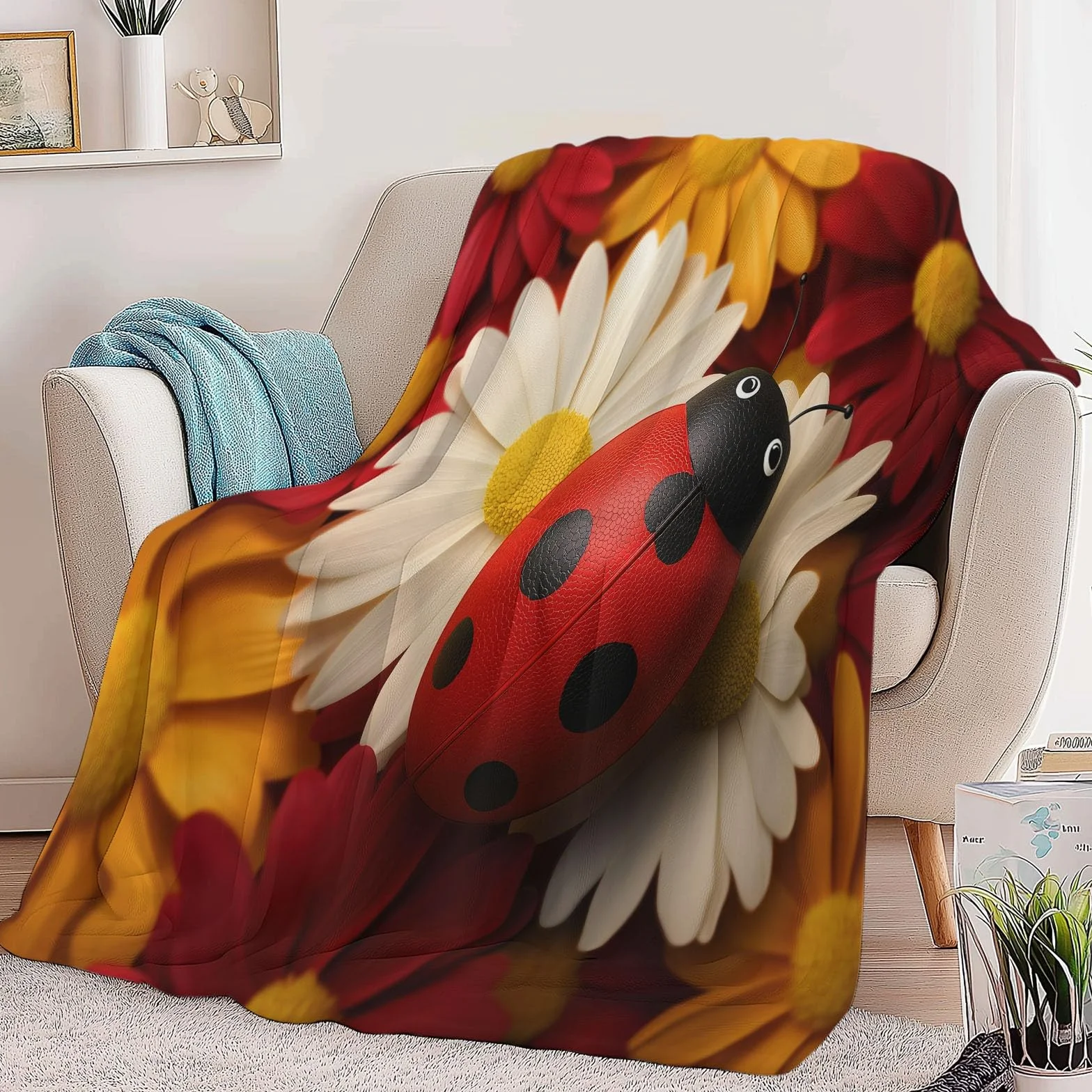 Wielokolorowy, ultramiękki koc flanelowy, narzuta 221 x 239 cm, pluszowy i ciepły, kwiaty 3D, urocze owady, nadruk, lekki koc na łóżko, pościel na sofę, podróż i dla dzieci dorosłych, 220 x 240 cm