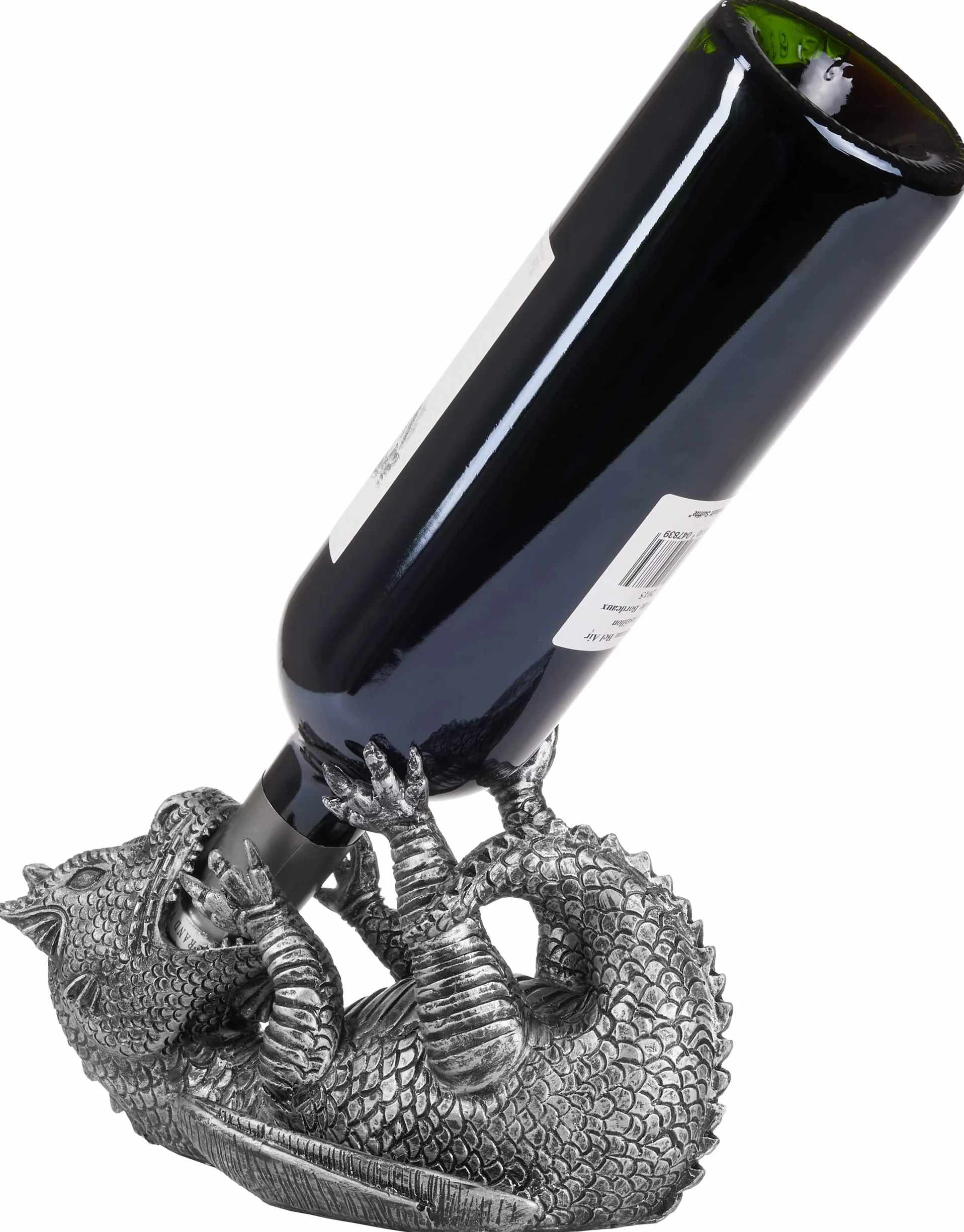 BRUBAKER Uchwyt na butelkę wina Spragniony Smok Srebrny - Fantazyjny uchwyt na butelkę Model Smoka - Stojak na butelkę Figurka Deco - Ręcznie malowane akcesoria do wina - Prezent do wina