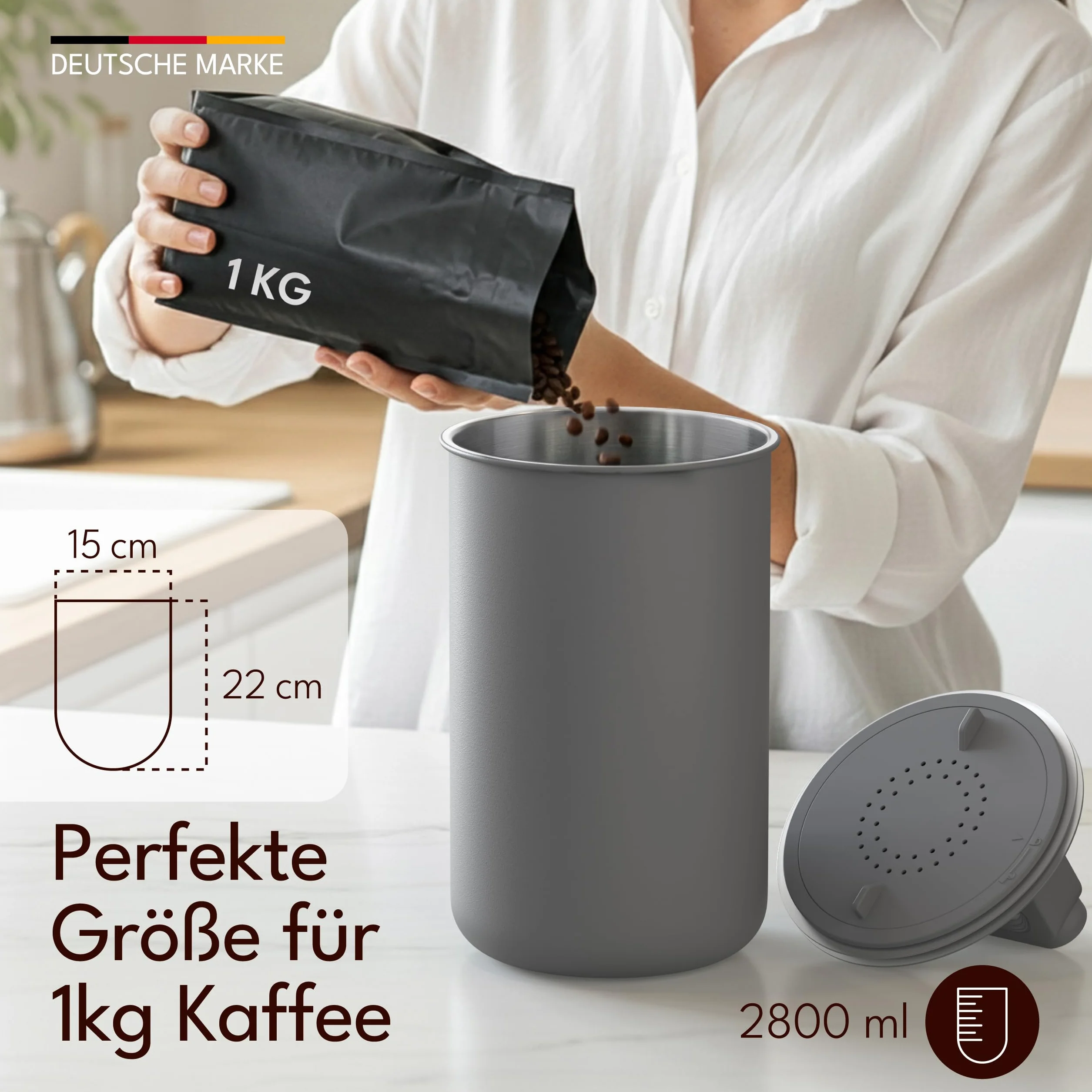 KC Kitchen & Co. Hermetyczna puszka na kawę na 1 kg ziaren kawy – puszka ze stali nierdzewnej z pokrywką próżniową i zamknięciem aromatycznym – puszka do przechowywania kawy, herbaty, cukru, musli