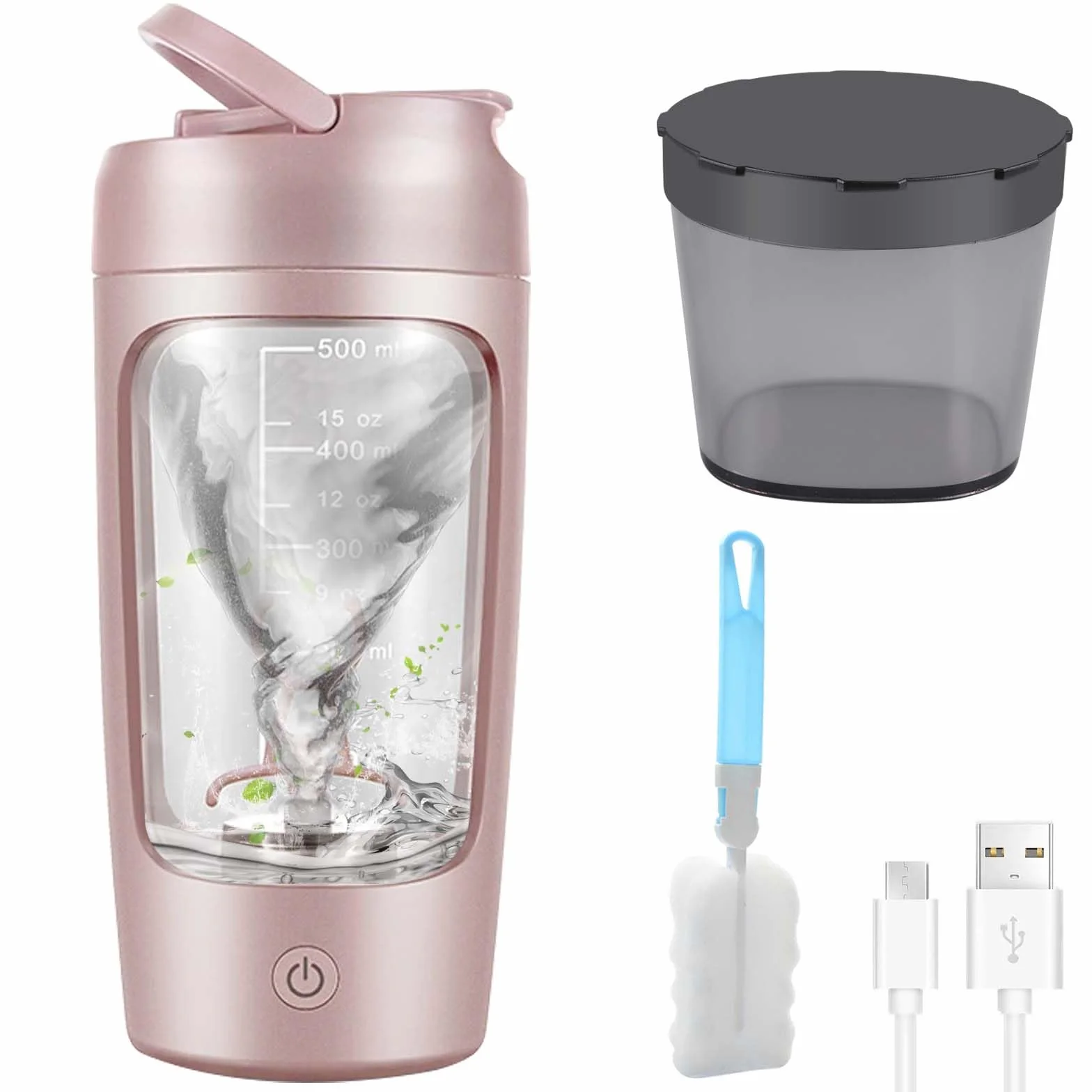 GOMETY Elektryczny shaker, automatyczny mikser proteinowy z komorą na proszek, nie zawiera BPA, możliwość ponownego ładowania przez USB, do kremowych koktajli białkowych (biały/różowy)