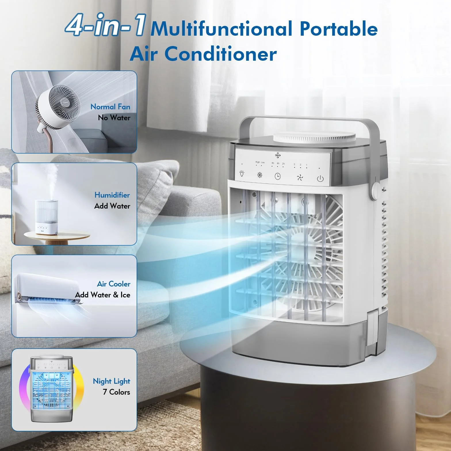 Przenośny klimatyzator, klimatyzator 3 w 1, osobisty mini klimatyzator ze zbiornikiem wody 1000 ml, timer 2/4/6h, mały wentylator chłodzący ładowany przez USB (adapter 5 V 2 A) do