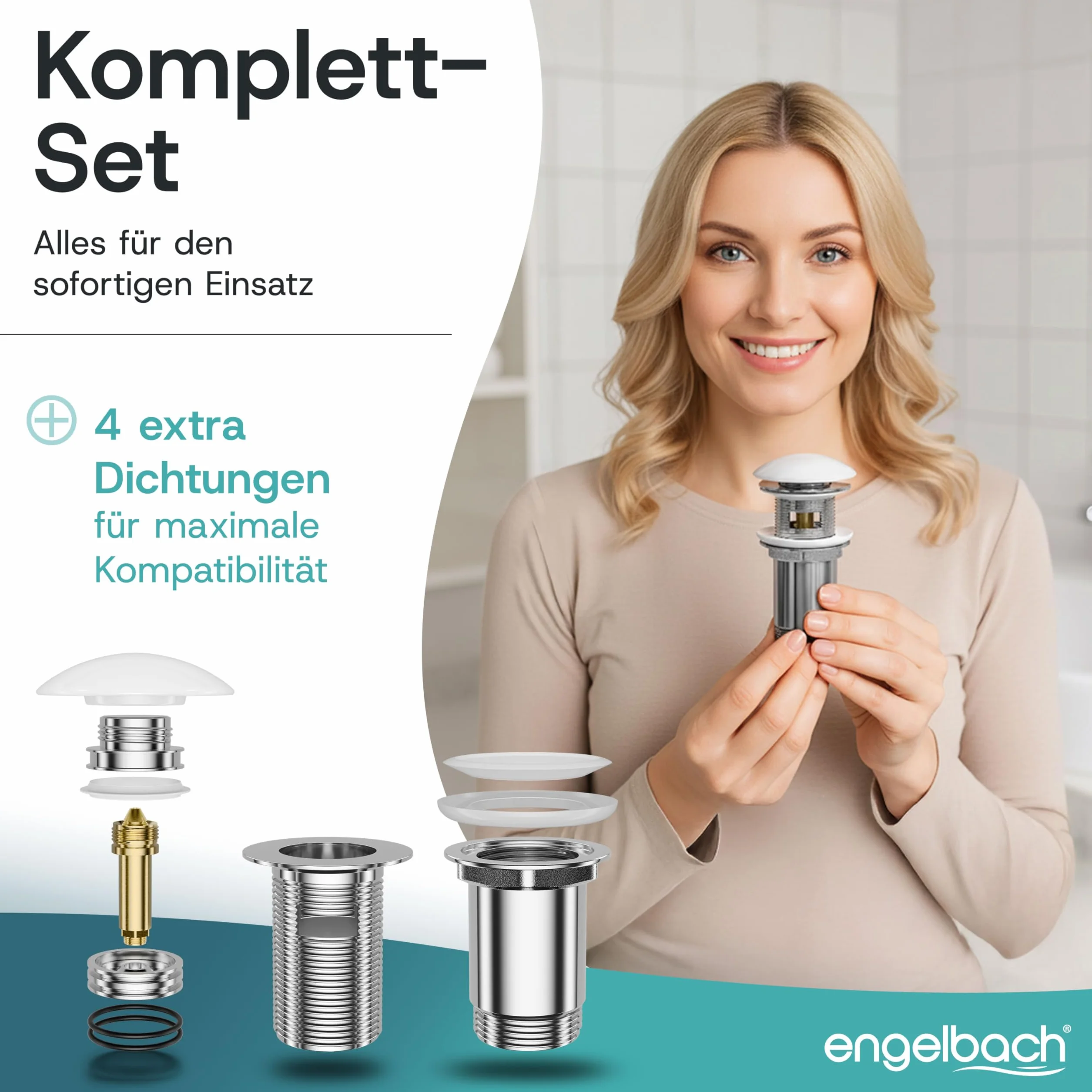 Engelbach® Uniwersalny zestaw odpływowy do umywalki – zawór pop-up (również do umywalek nablatowych) – wyjmowany korek z sitkiem na włosy – w zestawie instrukcja montażu, Ceramiczny z przelewem
