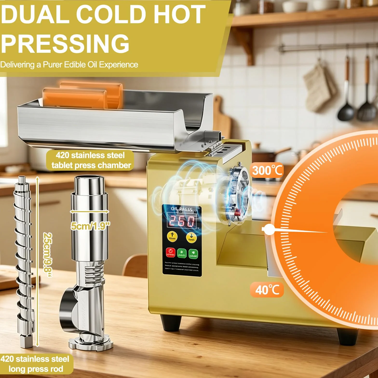 Maszyna do tłoczenia oleju 1500 W, ekstraktor zimnego gorącego oleju z pojemnikiem, kompaktowa maszyna ze stali nierdzewnej, wydajność 5-9 kg/h do oliwek, orzeszków ziemnych, kokosów, sezamu