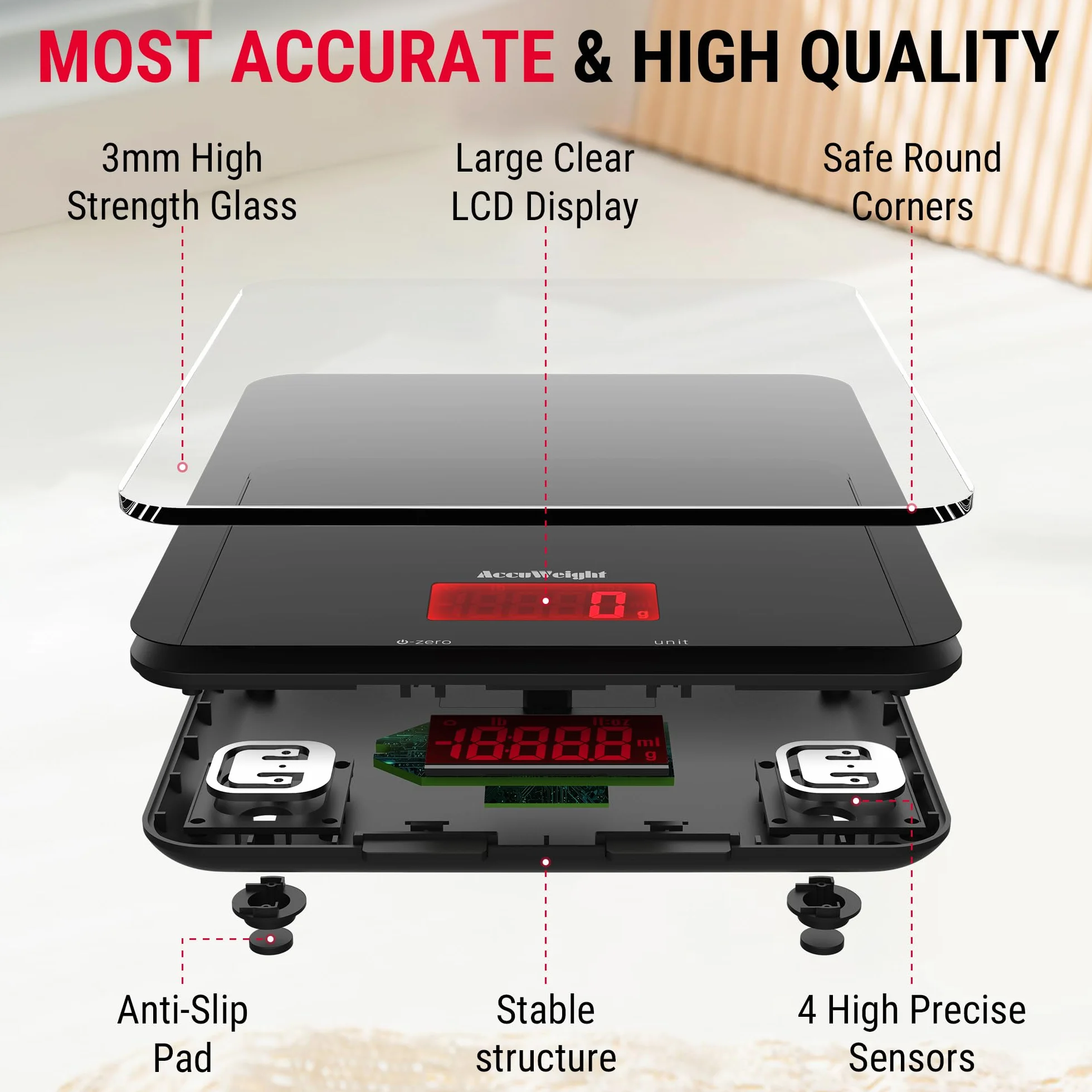 ACCUWEIGHT cyfrowa waga kuchenna ze szkła hartowanego, z wyświetlaczem LCD i dużą powierzchnią ważenia maks. 5 kg, dokładność 1 g, kolor czarny, funkcja tarowania