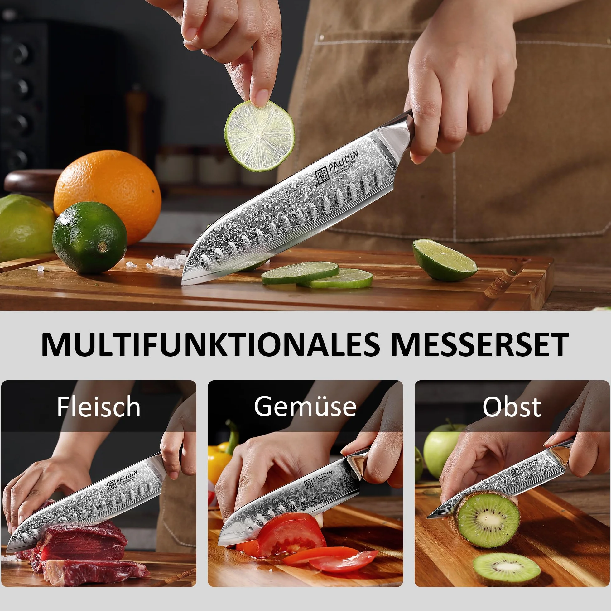 PAUDIN Zestaw noży damasceńskich 3 sztuki, zestaw noży kuchennych z adamaszku, ultra ostry nóż santoku, nóż kuchenny, 67 warstw stali damasceńskiej z rdzeniem ze stali VG10, ergonomiczny uchwyt G10