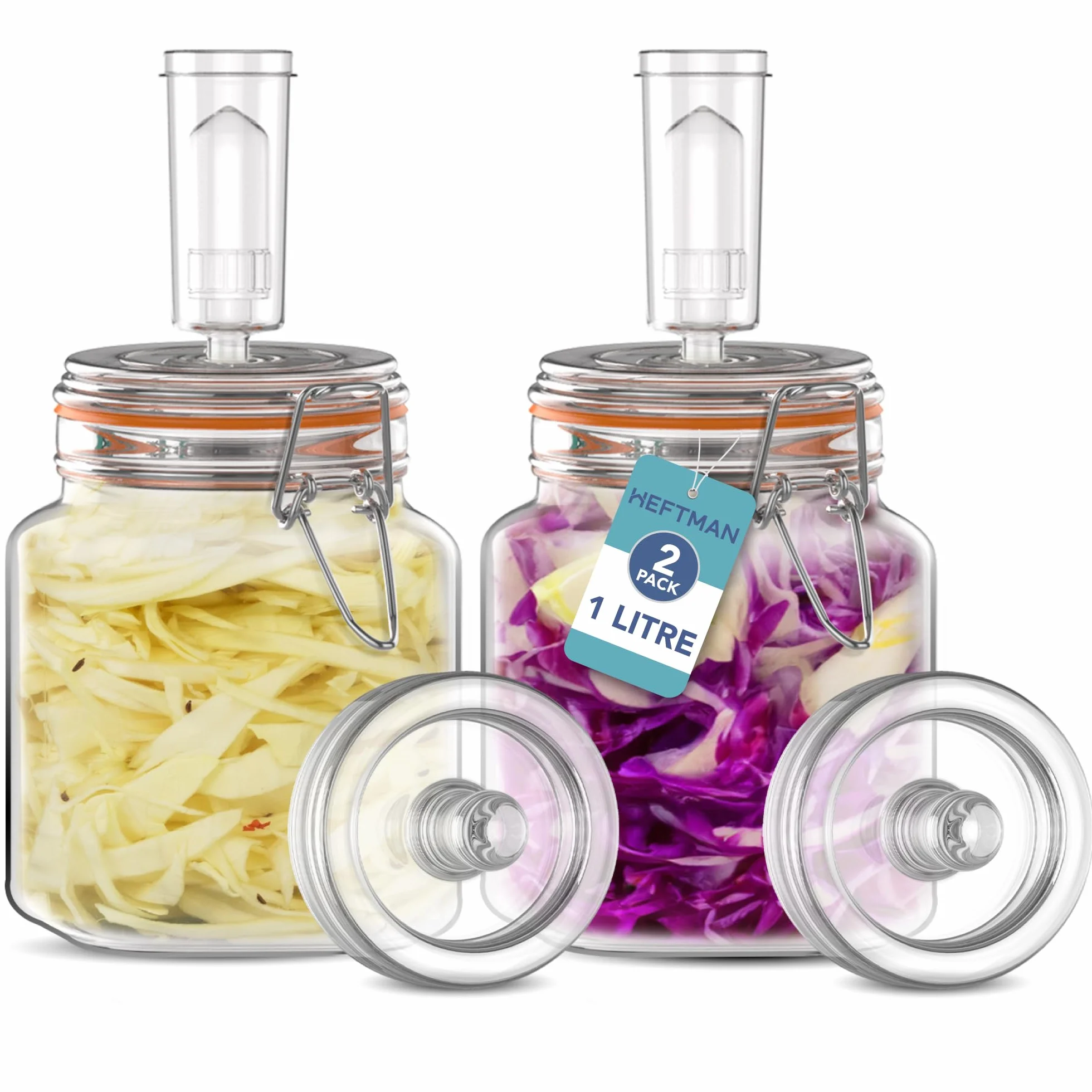 HEFTMAN Słoik fermentacyjny z śluzą powietrzną, 1 l do bezpiecznej fermentacji kefiru, kimchi, kapusty kiszonej, rozrusznika - silikonowe pokrywki i masy fermentacyjne - słoiki fermentacyjne 2-pak