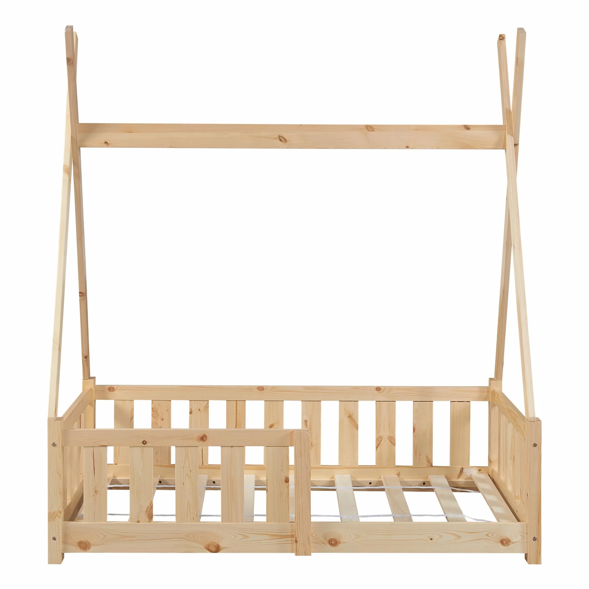 [en.casa] Helsingborg łóżeczko dziecięce 70 x 140 cm, z zabezpieczeniem przed wypadnięciem, stelaż lamelowy, namiot tipi, łóżko młodzieżowe, rama łóżka z drewna sosnowego, drewniane łóżko dla dzieci