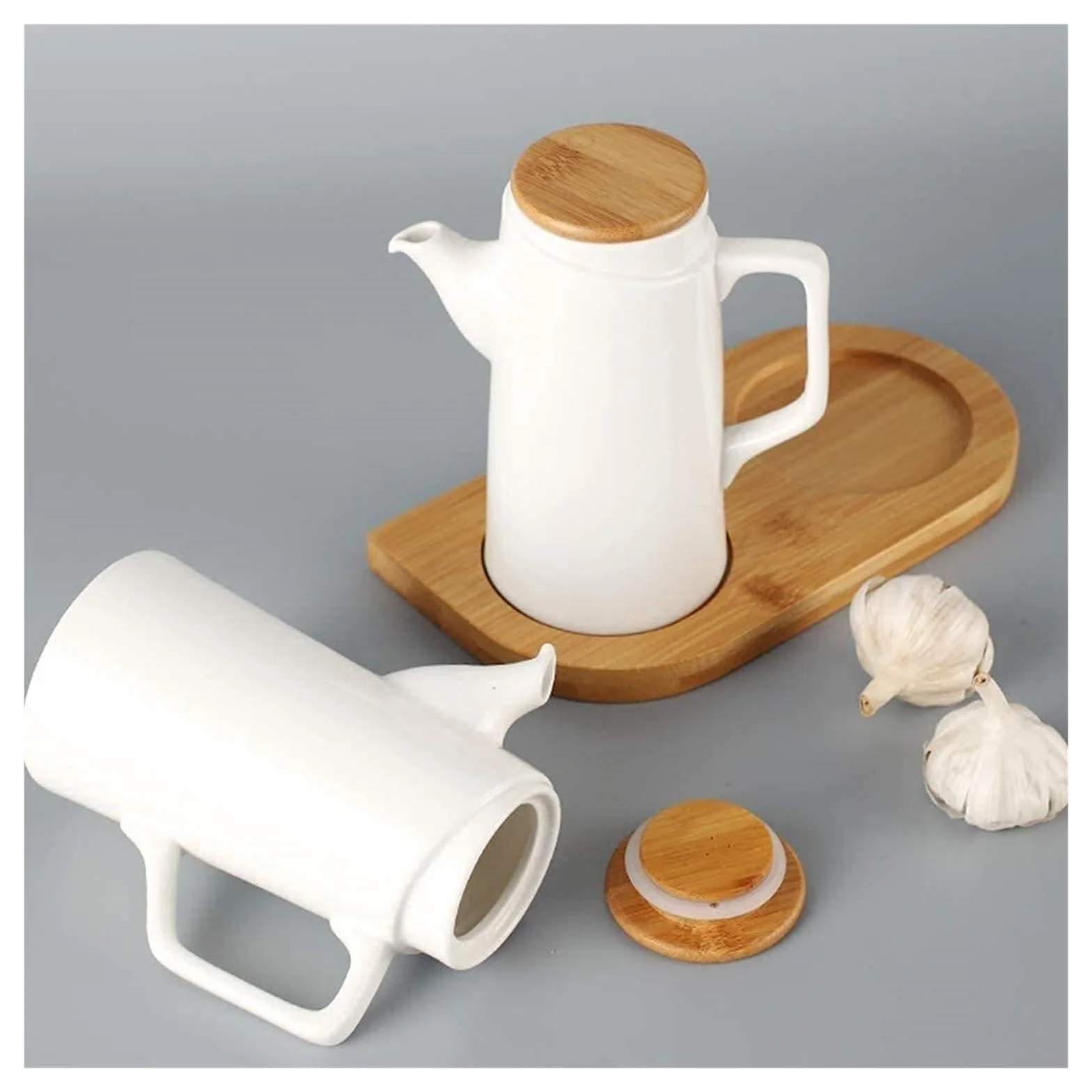 Dozownik oleju i octu Dozownik oleju i octu, 500ML butelka octu olej ceramiczny butelka na sos sojowy garnek kuchnia pyłoszczelna drewniana pokrywa butelki Gotowanie