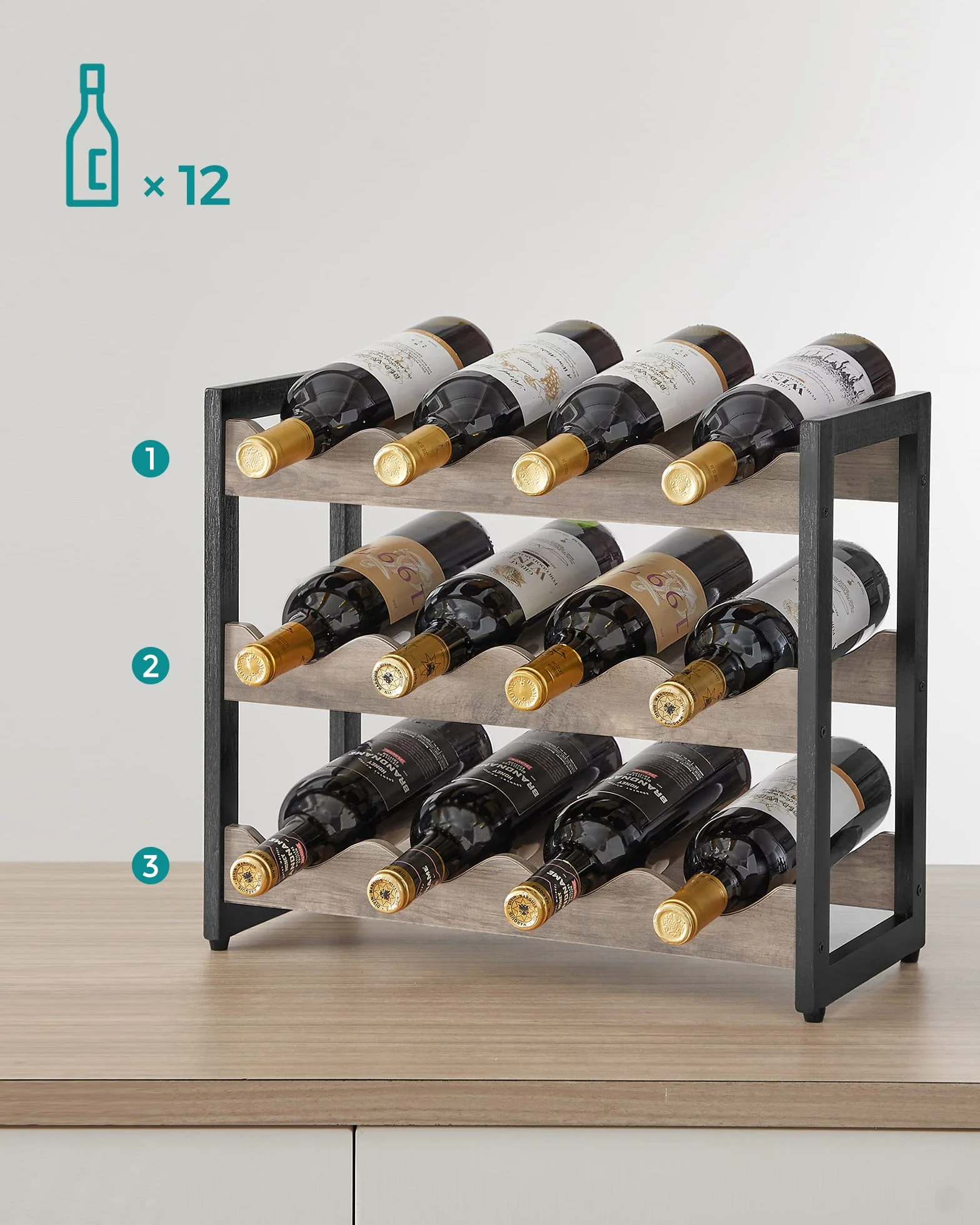 SONGMICS Stojak na wino nablatowy Stojak na butelki z 3 półkami mieści do 12 butelek Uchwyt na butelki Bambusowa kuchnia Bar Jadalnia Salon Greige-Black KWR011W01