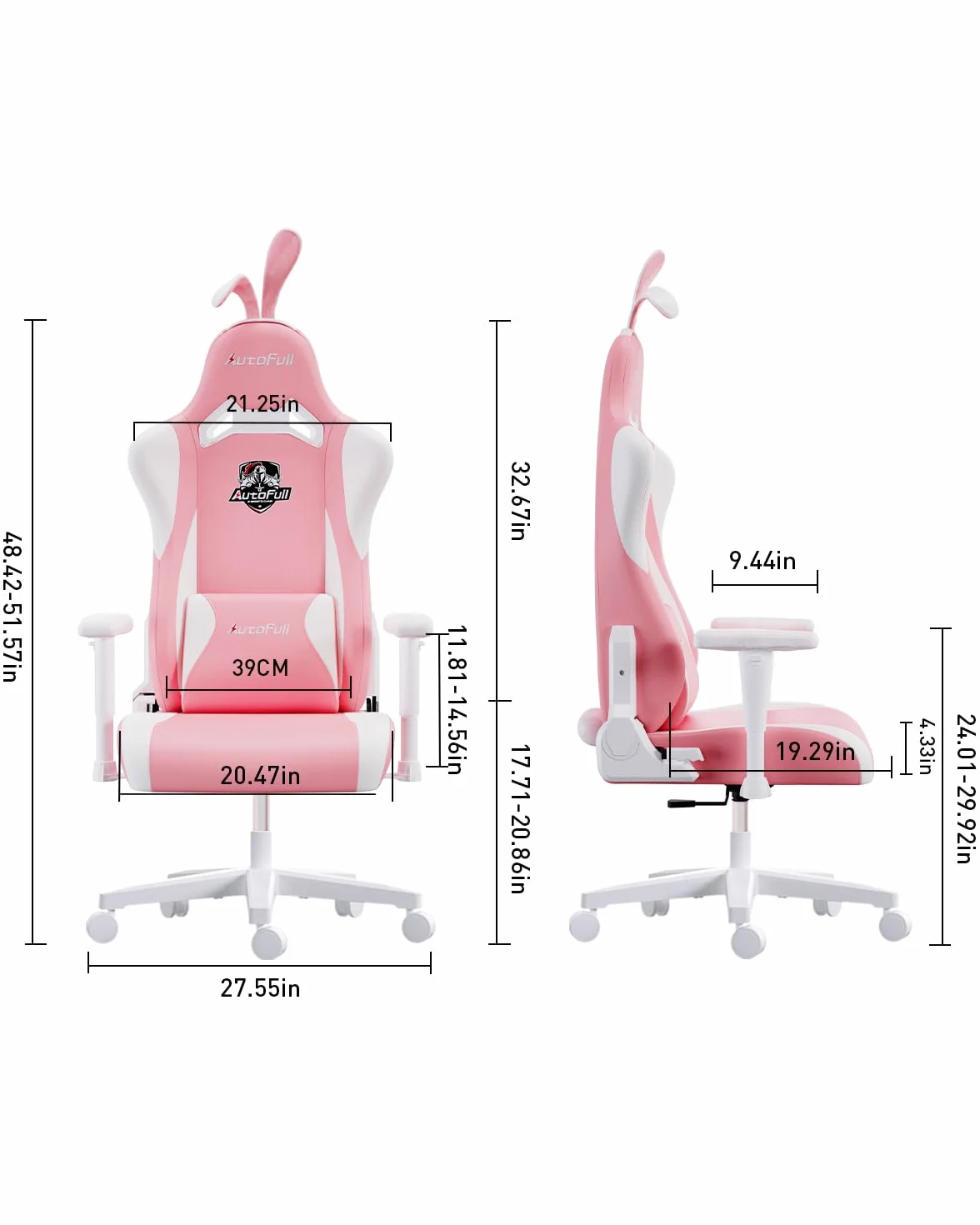 AutoFull Ergonomiczne Krzesło do Gier Skóra PU Wysokie Oparcie Kawaii z Uszami Królika