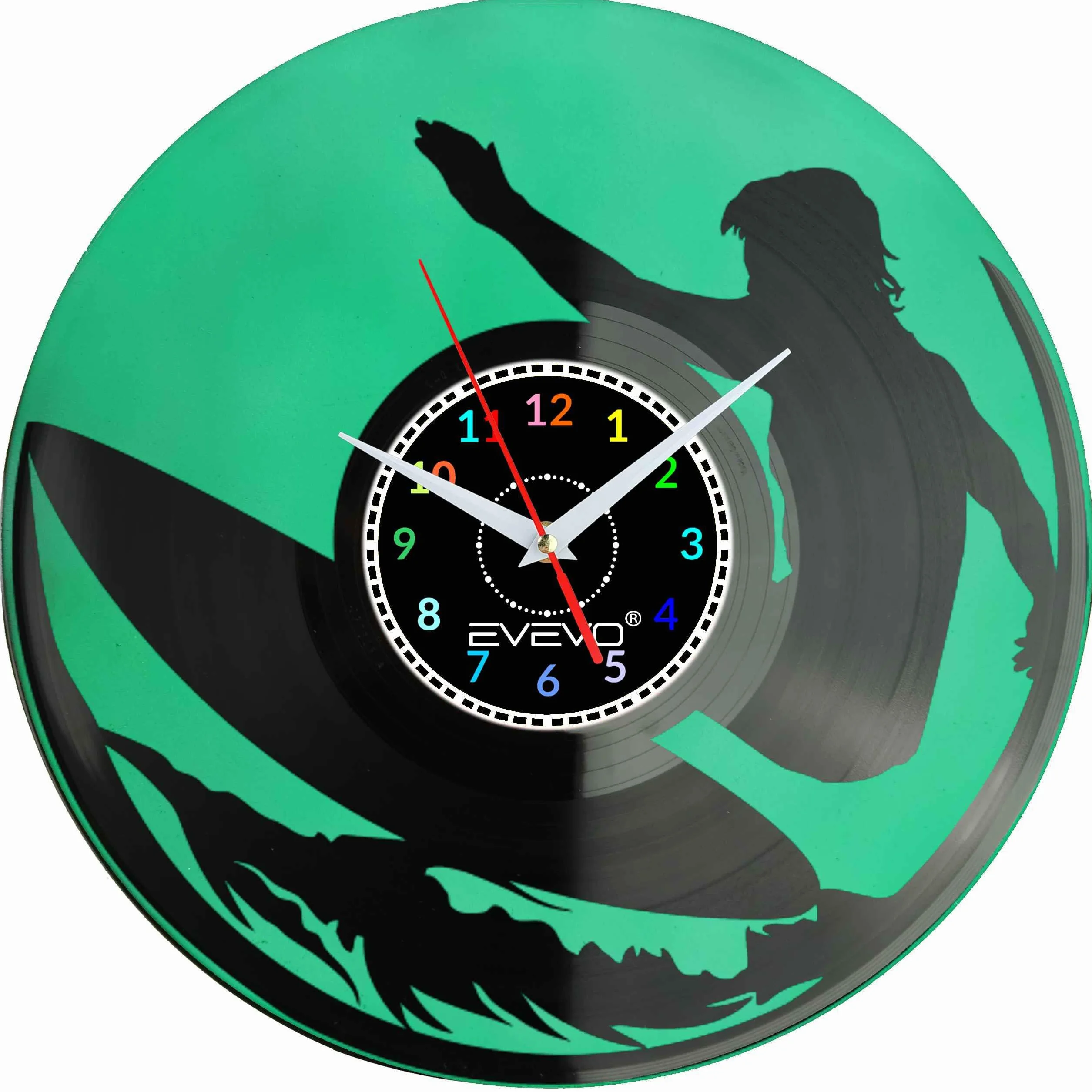 SURFING JAZDA NA FALI SURFOWANIE ZEGAR ŚCIENNY FLUORESCENCYJNE TŁO PŁYTA WINYLOWA PREZENT UPOMINEKA GIFT SOUVENIR EVEVO F0083
