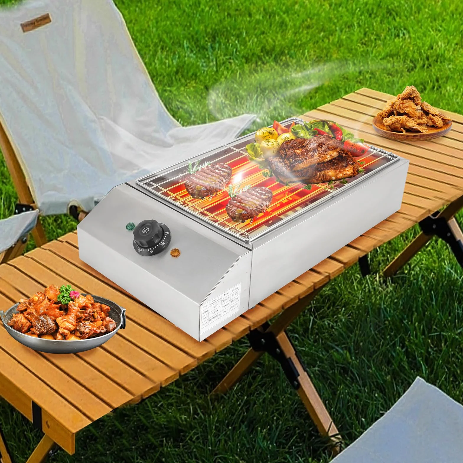 Elektryczny grill stołowy, 2,6 kW, z tacką ociekową oleju, 50-300°C, rozmiar rusztu 25,5 x 42,5 cm, niezależny ruszt do grillowania, zdejmowany