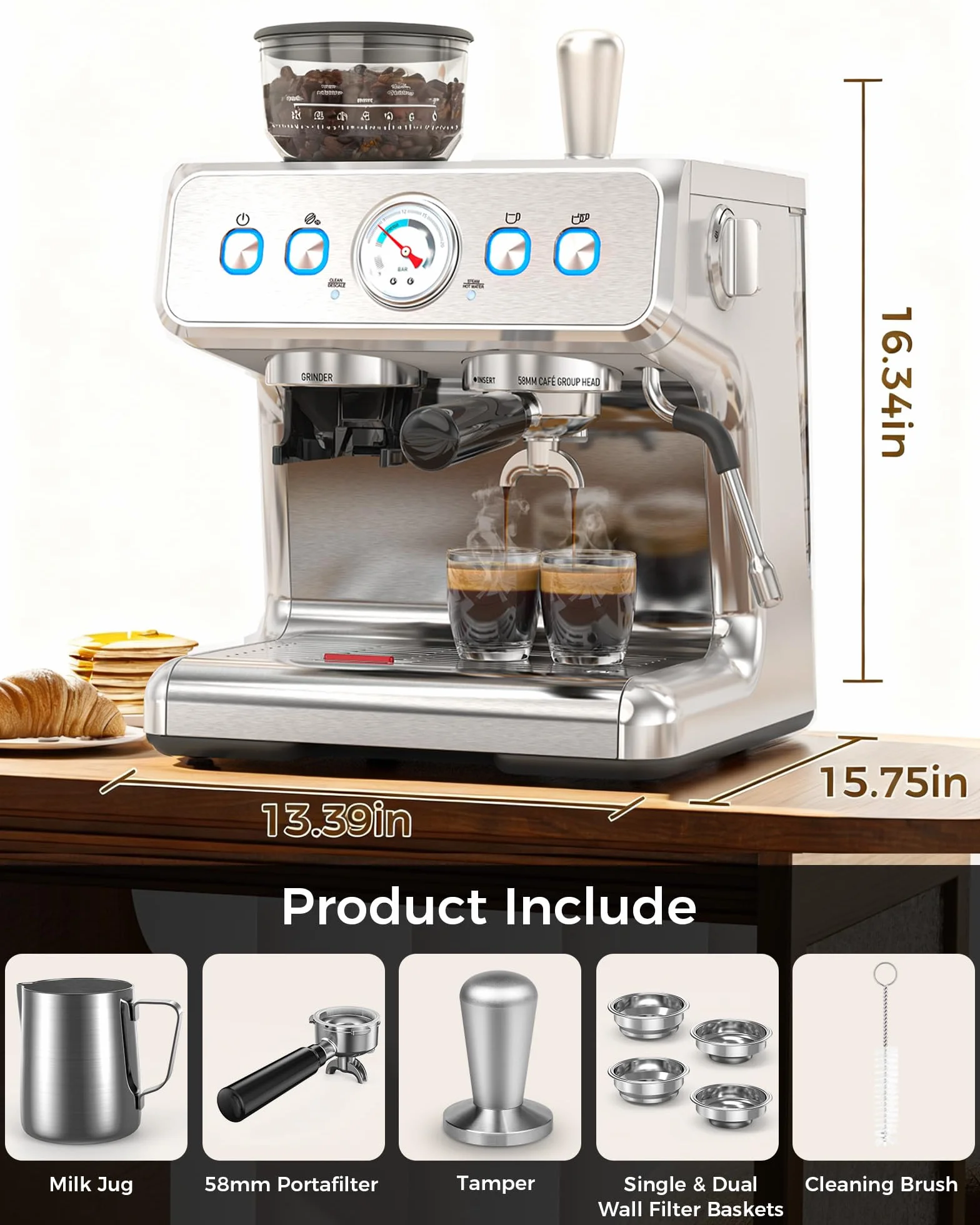 COWSAR - Ekspres do kawy z 20 prętami z młynkiem i spieniaczem do mleka, ekspresy do espresso 58 mm, ekspres do kawy ze stali nierdzewnej do cappuccino i latte, idealny do użytku