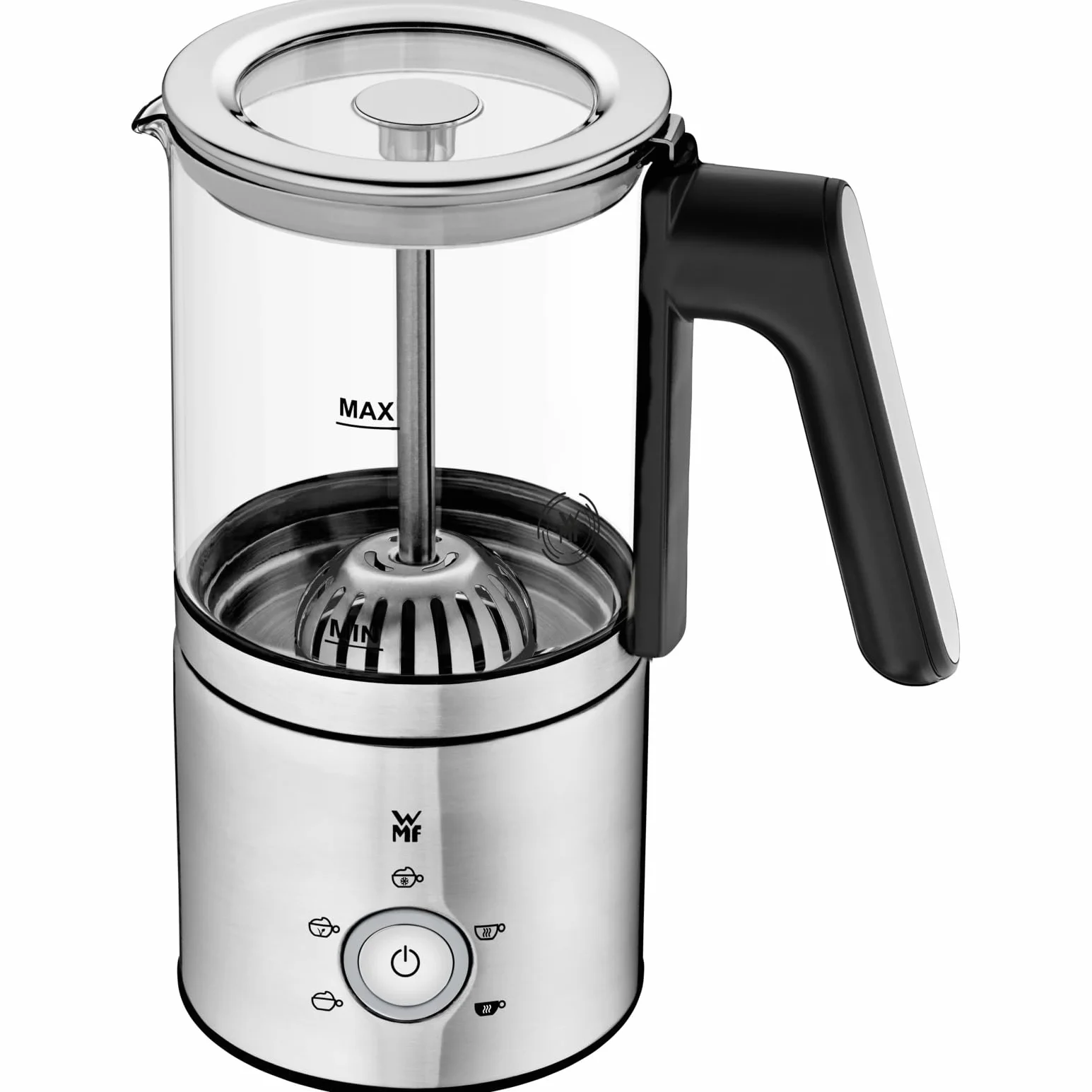 WMF Lono szklany spieniacz do mleka, elektryczny, 150-250 ml, 650 W, mikser Frappe Mixer, ekran dotykowy, do spieniania mleka na gorąco i zimno, gorące mleko, podgrzewacz do mleka, ekspres do kakao,