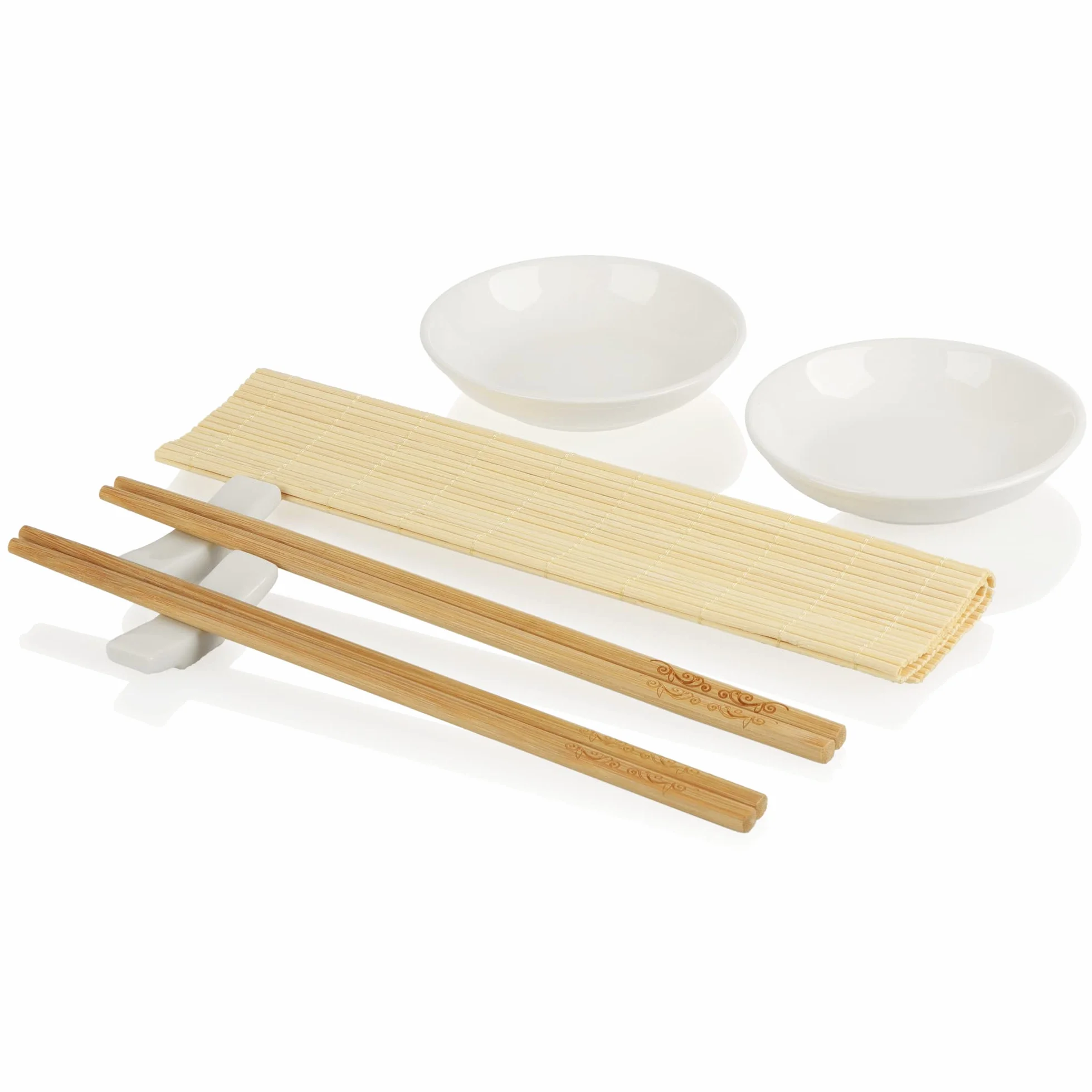 com-four® 7 czesciowy zestaw sushi – z bambusowa mata, paleczkami, ceramicznymi miseczkami i podstawkami – azjatycka zastawa do sosu sojowego, wasabi i dipów (7-czesciowy zestaw sushi)