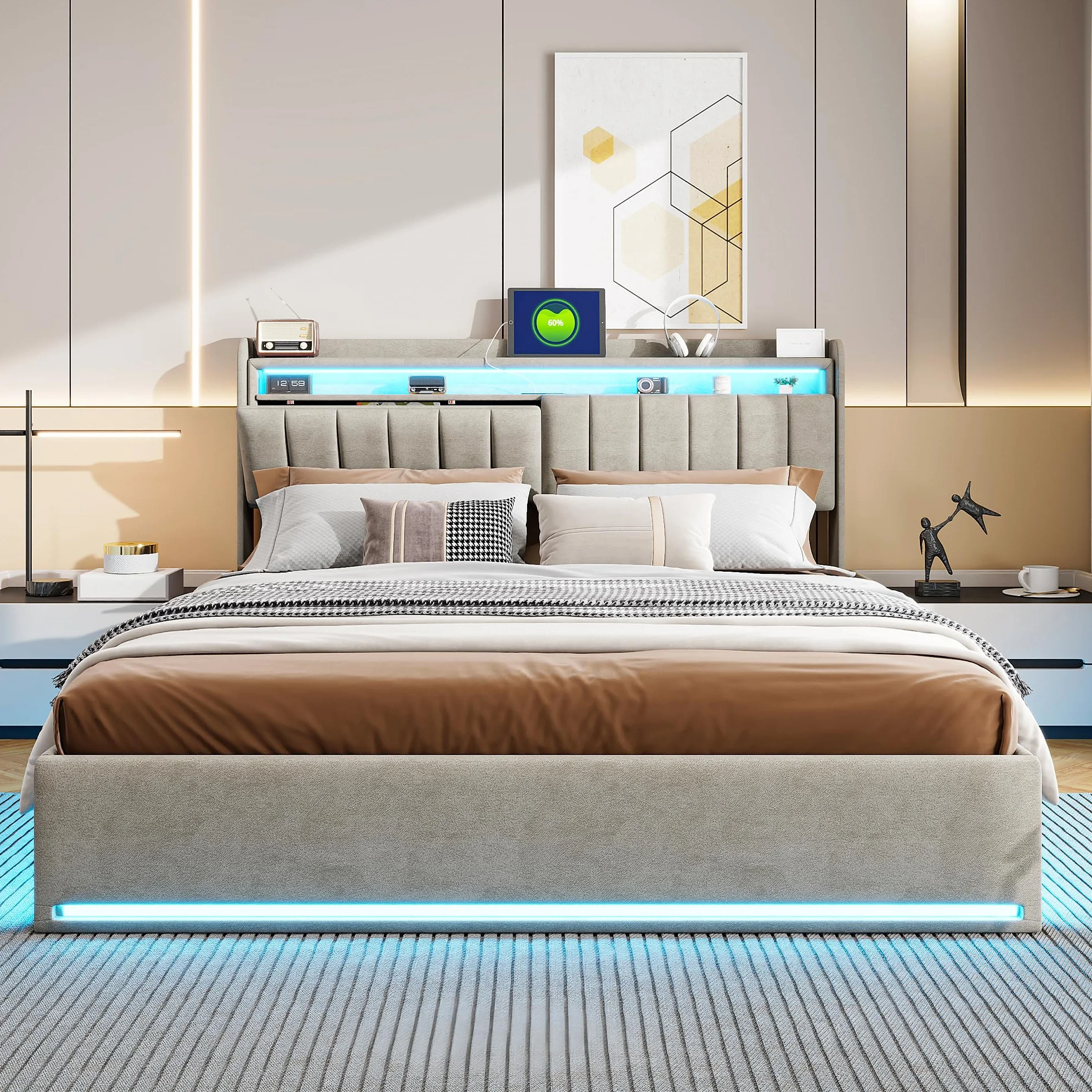 Łóżko 160x200 z pojemnikiem i oświetleniem LED,łóżko podwójne z tapicerowanym zagłówkiem,łóżko podwójne z listwowym stelażem dla dorosłych i nastolatków,hydraulicznie tapicerowana rama łóżka