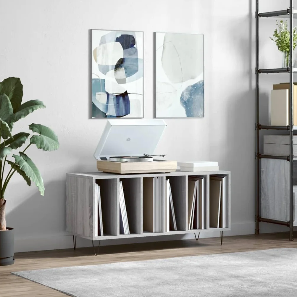 Sonoma szara drewniana szafka na płyty z żelaznymi nogami, 100 x 38 x 48 cm, regał multimedialny, regał na płyty winylowe, do przechowywania multimediów, do salonu lub biura, blat