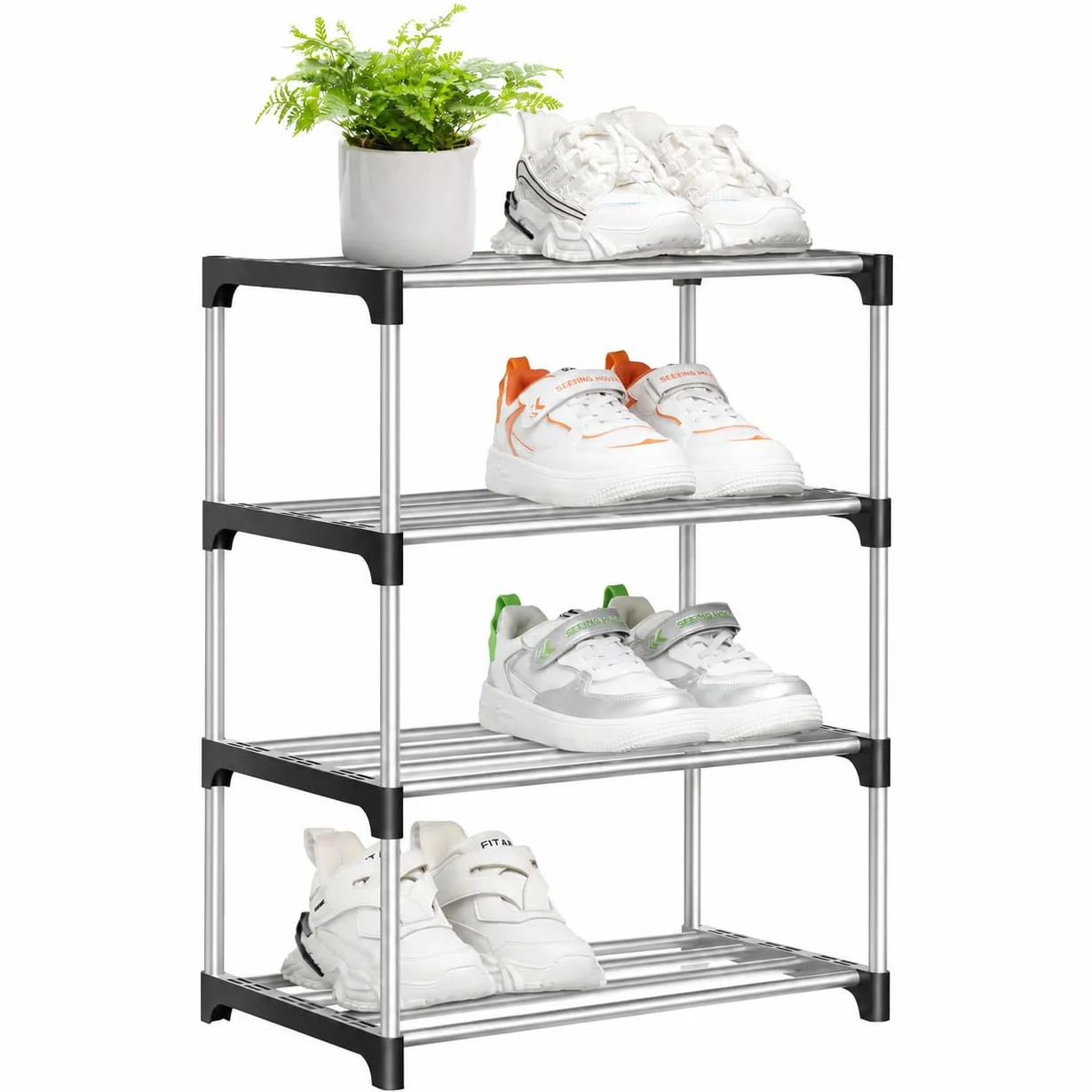 4-poziomowy stojak na buty, mały stojak na buty, metalowy organizer do przechowywania butów, wąski, można układać w stos, do przedpokoju, sypialni, szybki montaż, bez użycia narzędzi, 44 x 28 x 53 cm (4-poziomowy czarny)