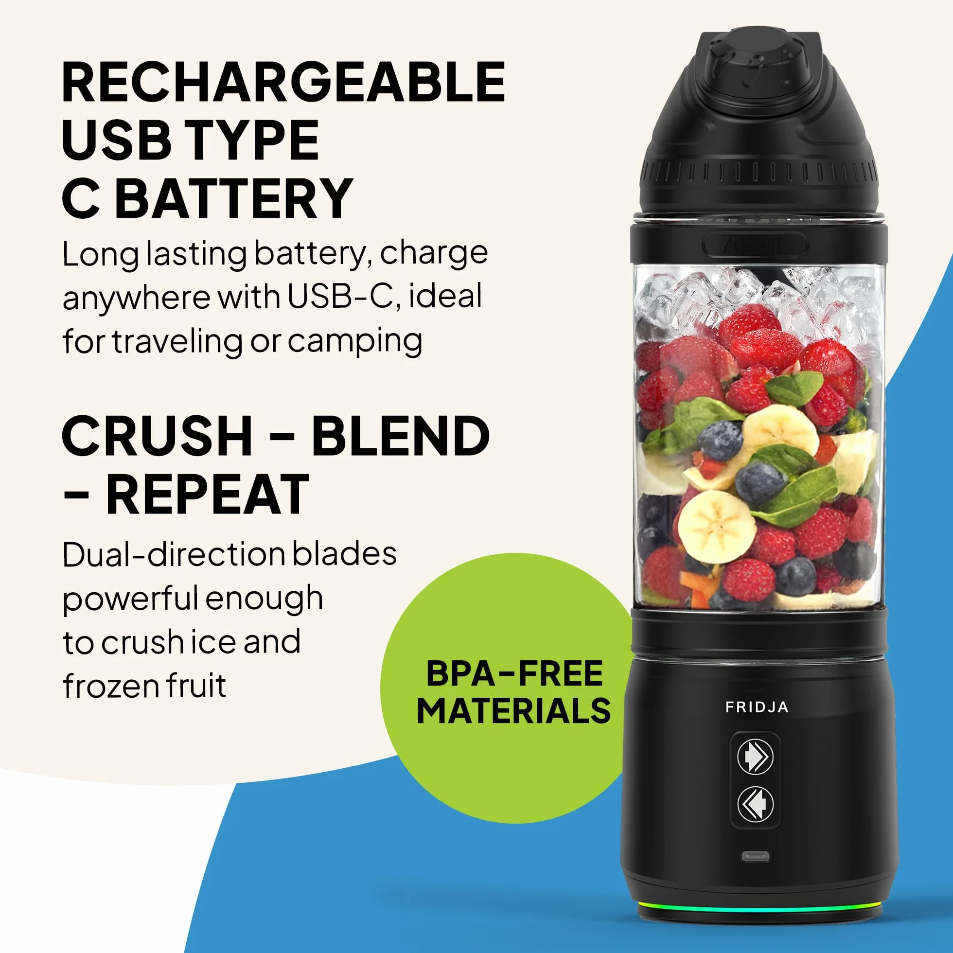 Fridja Przenośny blender F500, mocny silnik 240 W, akumulator USB-C, szczelna i kompaktowa konstrukcja, idealny do smoothie, koktajli proteinowych, podróży i siłowni, butelka bez BPA, 6-listkowe