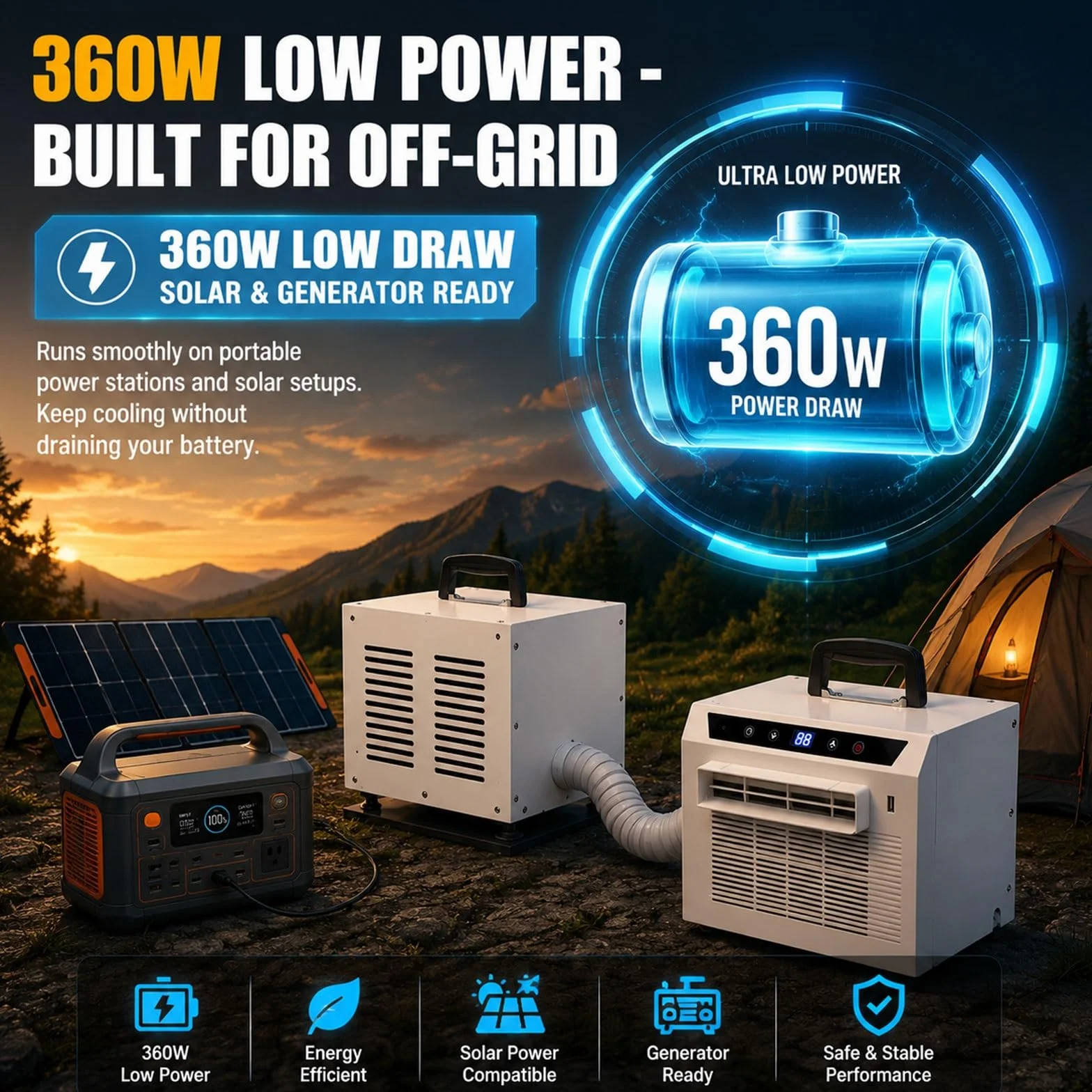 Mobilny Klimatyzator Split 3000 BTU, Chłodziciel Sypialnia Dom | Inteligentne Sterowanie Wzmocniony Uchwyt Ekran Dotykowy I Timer 1-12h Z Trybem Oszczędzania Soft-Light