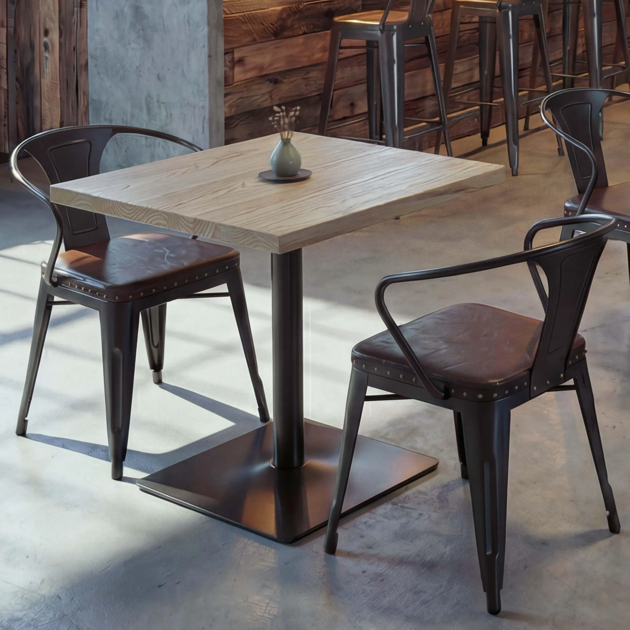 Stół bistro HWC-H10, stolik barowy, stół ladowy, przemysłowy, gastronomiczny, metalowy, wiąz lite drewno, 70 x 70 cm, jasnobrązowy
