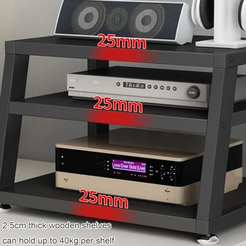 4-poziomowy stojak na multimedia, wielofunkcyjny stojak na audio/wideo z drewnianymi półkami, na projektor, konsole do gier i sprzęt stereo, elegancka, otwarta szafka do przechowywania, 40 x 35 x 48