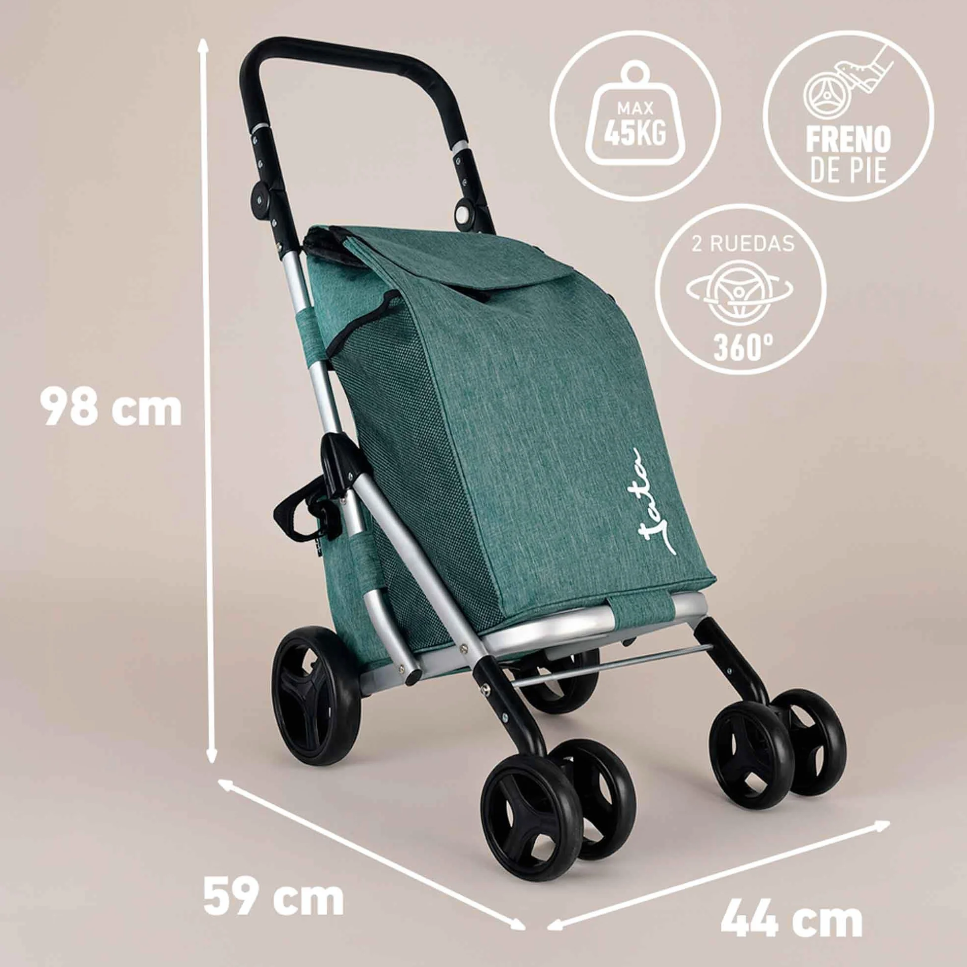 JATA HCAR2501 wózek na zakupy 4 kółka 40 l z torbą chłodzącą do mrożonek, 2 kółka obrotowe o 360°, składany wózek z hamulcem, aluminiowe podwozie
