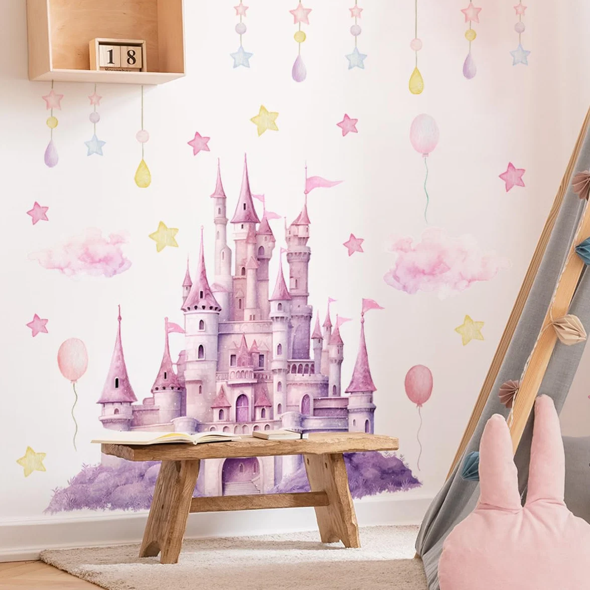 Runtoo Magiczny zamek księżniczki naklejki ścienne do pokoju dziewczęcego - odklej i naklej chmurę gwiazda naklejki ścienne - bajkowa dekoracja pokoju dziecięcego sypialni
