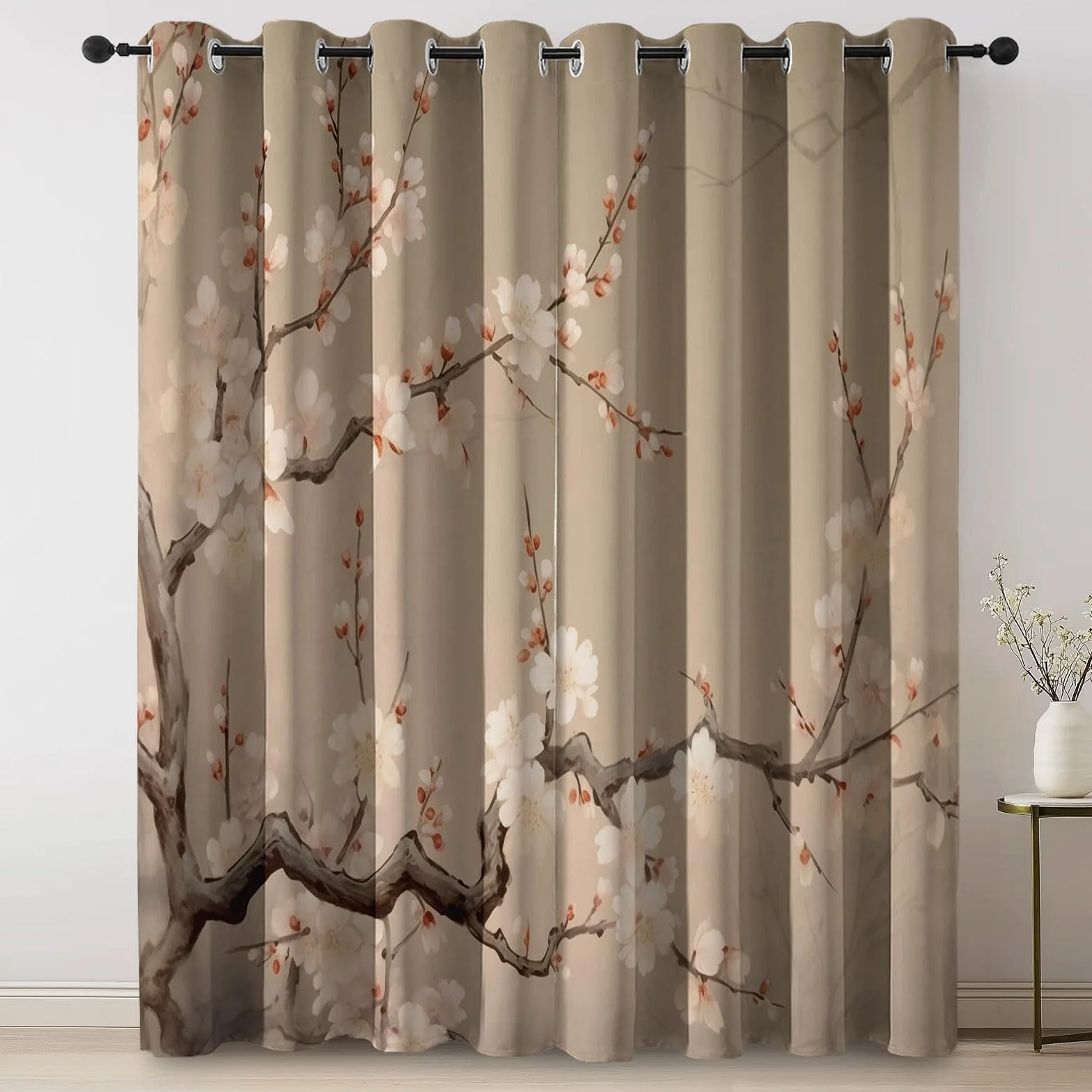 Zasłony zaciemniające do sypialni szer. 168 cm x dł. 183 cm (2 panele) tradycyjny chiński styl, białe kwiaty śliwy, zasłony na przelotkach do salonu, izolacja termiczna, zasłony okienne do jadalni