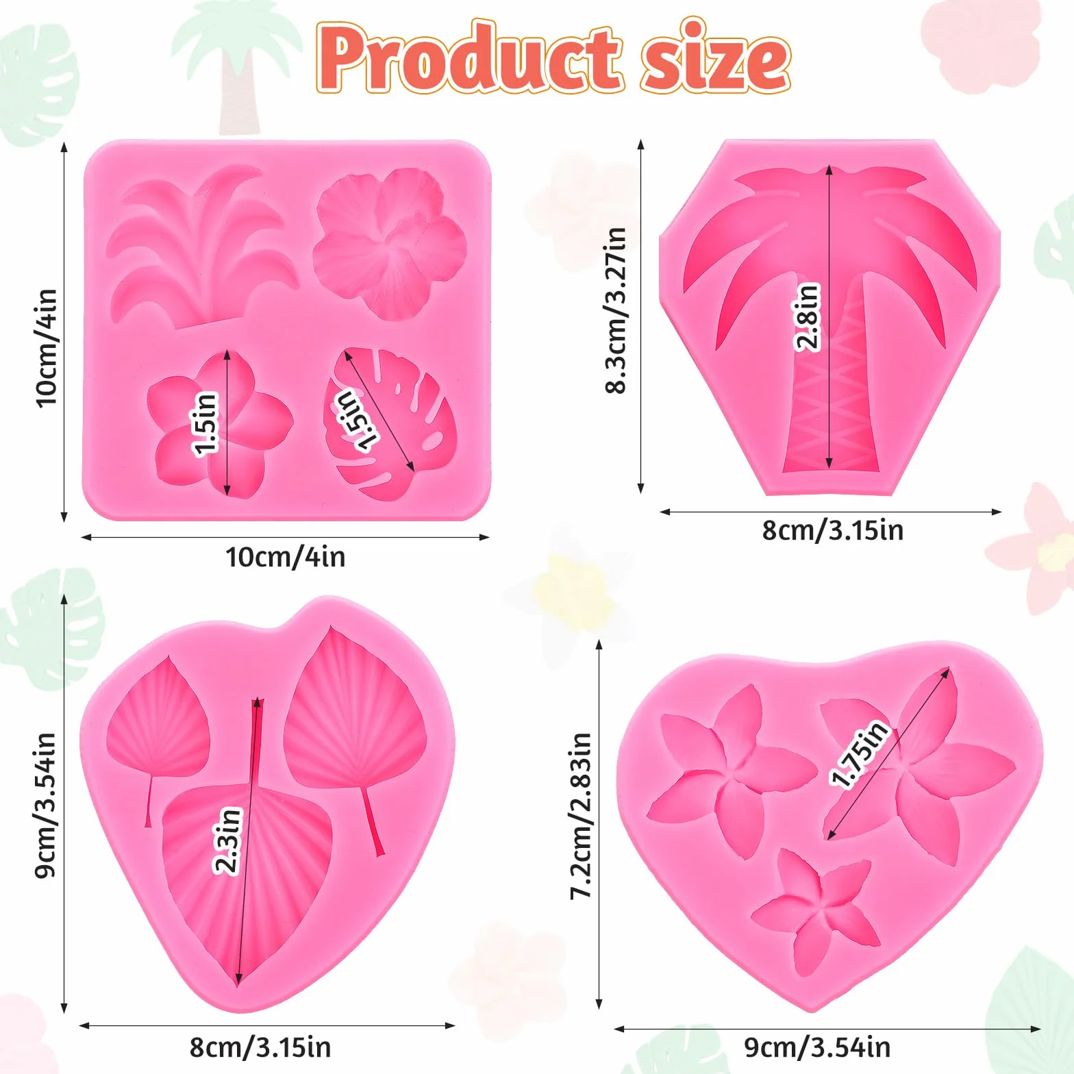 4 sztuki foremek silikonowych, tropikalnych płatków kwiatów, płatków wachlarza, do masy cukrowej, hibiskusa, liści palmy, plumeria, silikonowe, do samodzielnego przygotowania czekolady, słodyczy,