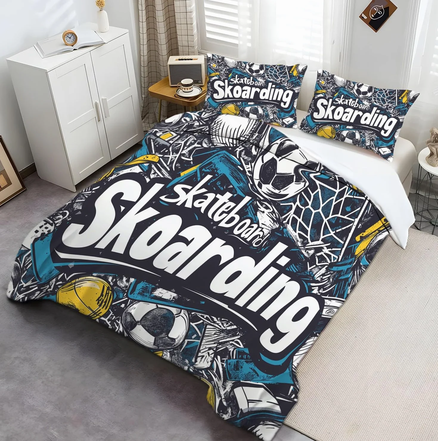 Poszewka na kołdrę motyw sportowy piłka nożna deskorolka pościel 230 x 220 cm pokrowiec dekoracja pokój zestaw pościeli dla dzieci młodzieży dorosłych nowoczesny kolor