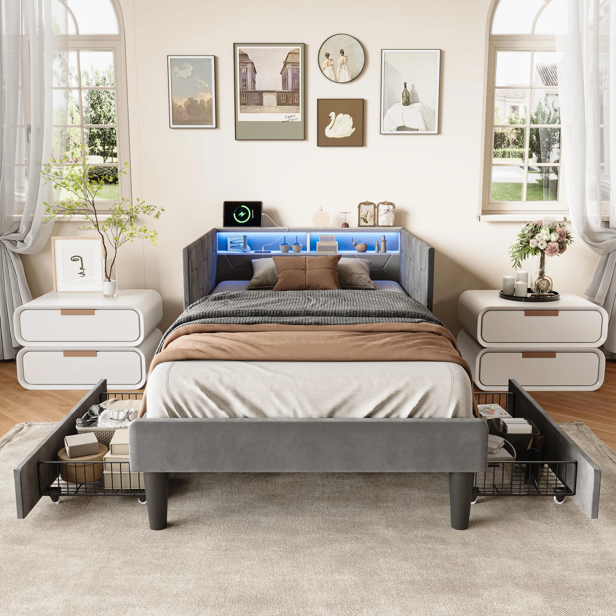 KeepGoon 90 x 200 cm łóżko tapicerowane z 2 szufladami, z aksamitu, łóżko pojedyncze/rozkładane, zagłówek LED ze schowkami, funkcja ładowania USB i stelaż, łóżko młodzieżowe dla dorosłych