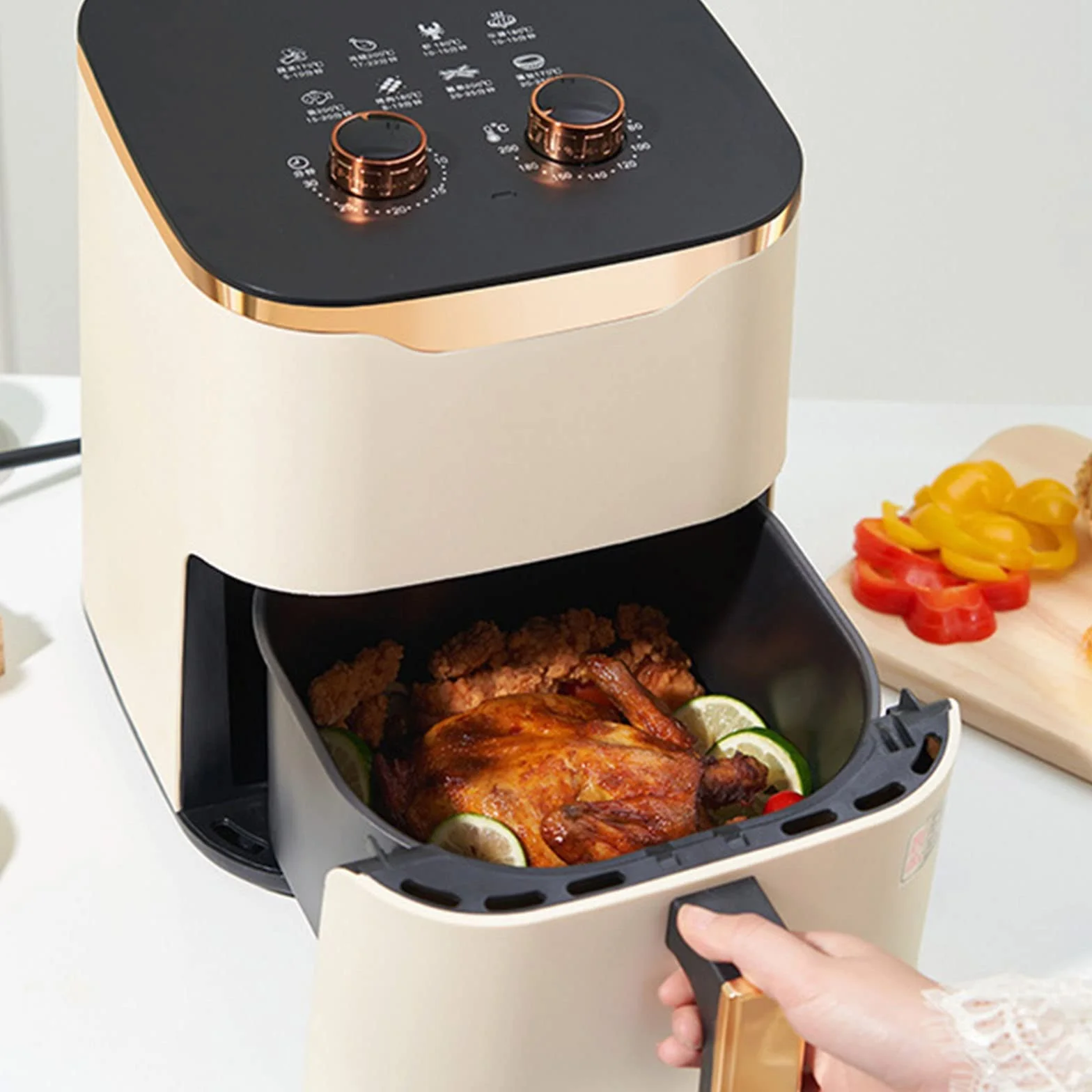 6,5QT Duża Frytkownica Beztłuszczowa, Automatyczne Wyłączanie, Smażenie Bez Oleju, Powłoka Nieprzywierająca, 1350 W Stabilize