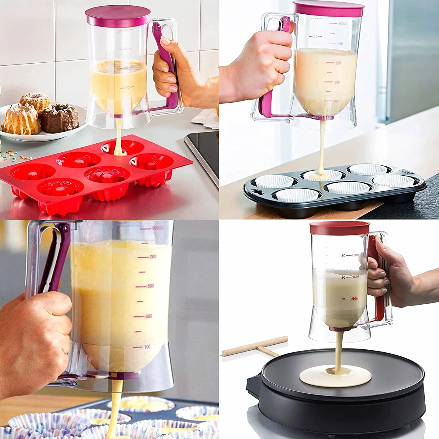 Dozownik do ciasta z pokrywką i skalą do pieczenia ciast, "zrób to sam", do robienia ciast, naleśników, muffinek, gofrów, 900 ml