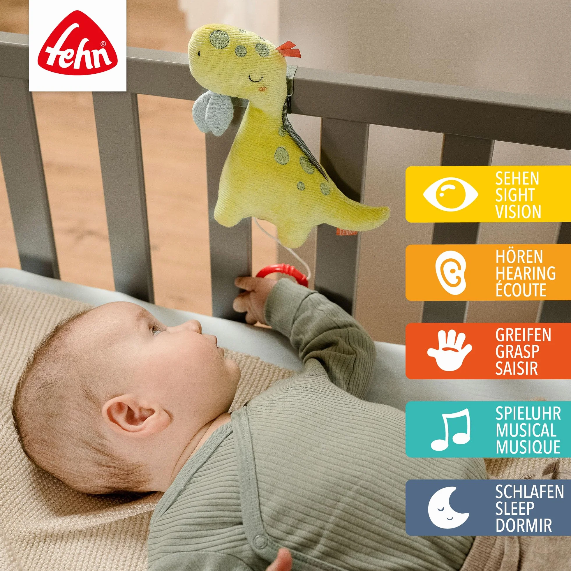Fehn 051018 Mini-Spieluhr Dino – Kuscheltier & Einschlafhilfe: Melodie „Mozarts Wiegenlied“ beruhigt in jeder Situation – idealer Begleiter für zuhause & unterwegs – für Babys & Kleinkinder