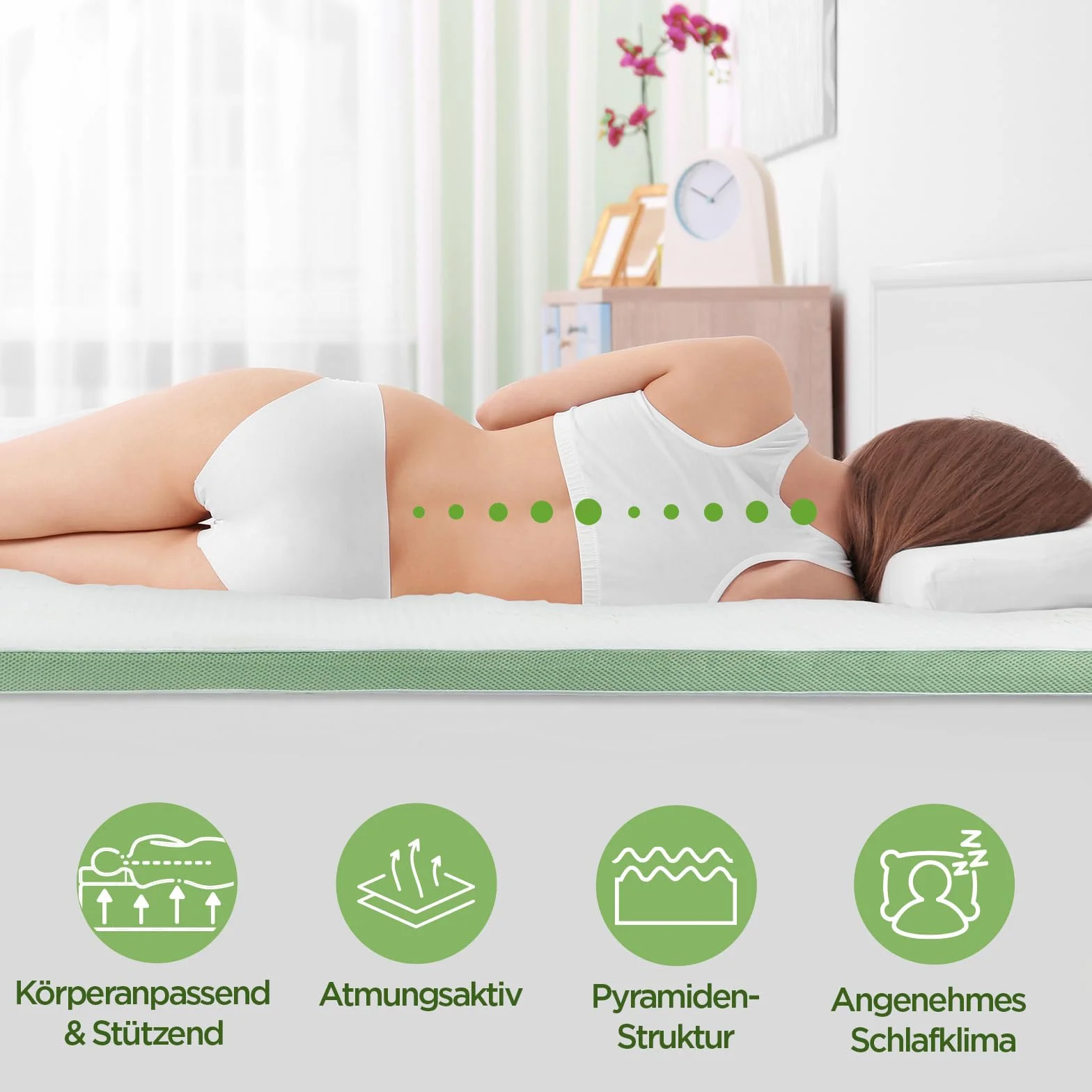 Vitapur Topper Aloe Vera – 70 x 190 cm, pianka memory 4 cm ze strukturą piramidy, zapach aloesu, nadaje się do prania, nakładka na materac