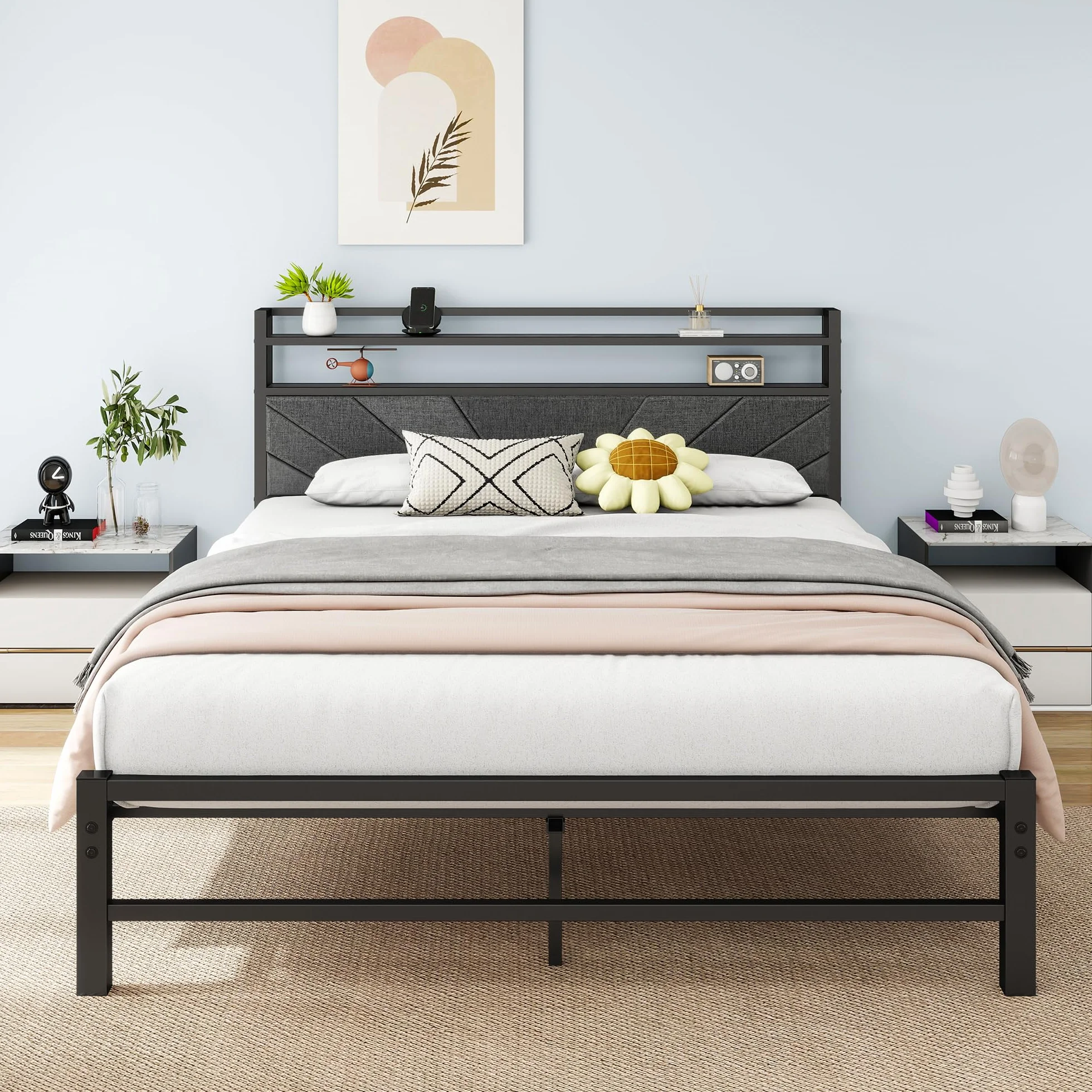 Rama łóżka 120 x 200 cm – zagłówek do łóżka tapicerowanego – łóżko podwójne 120 x 200 – stelaż pod materac – stylowa rama łóżka ciemnoszara